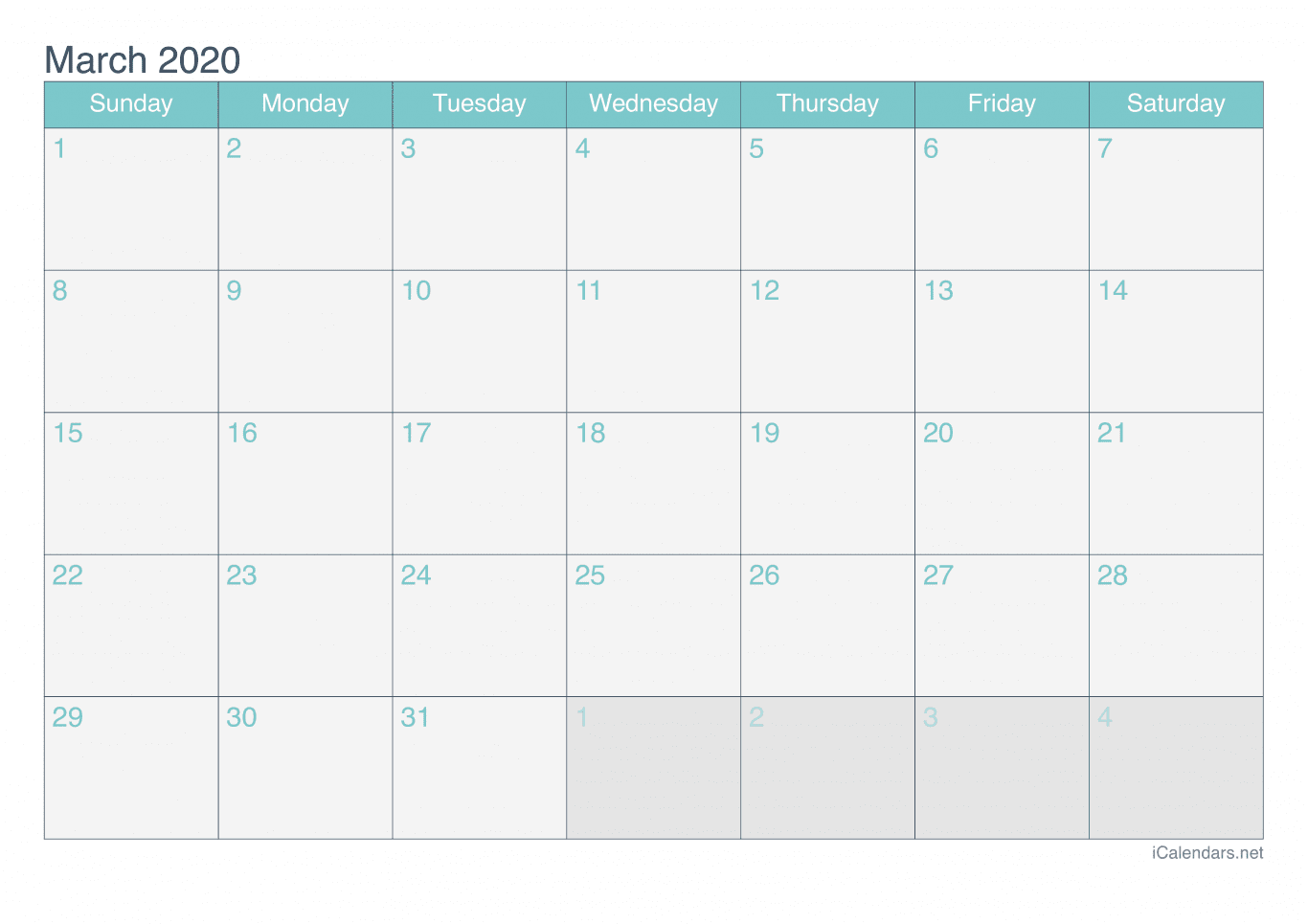 2020 March Calendar - Turquoise
