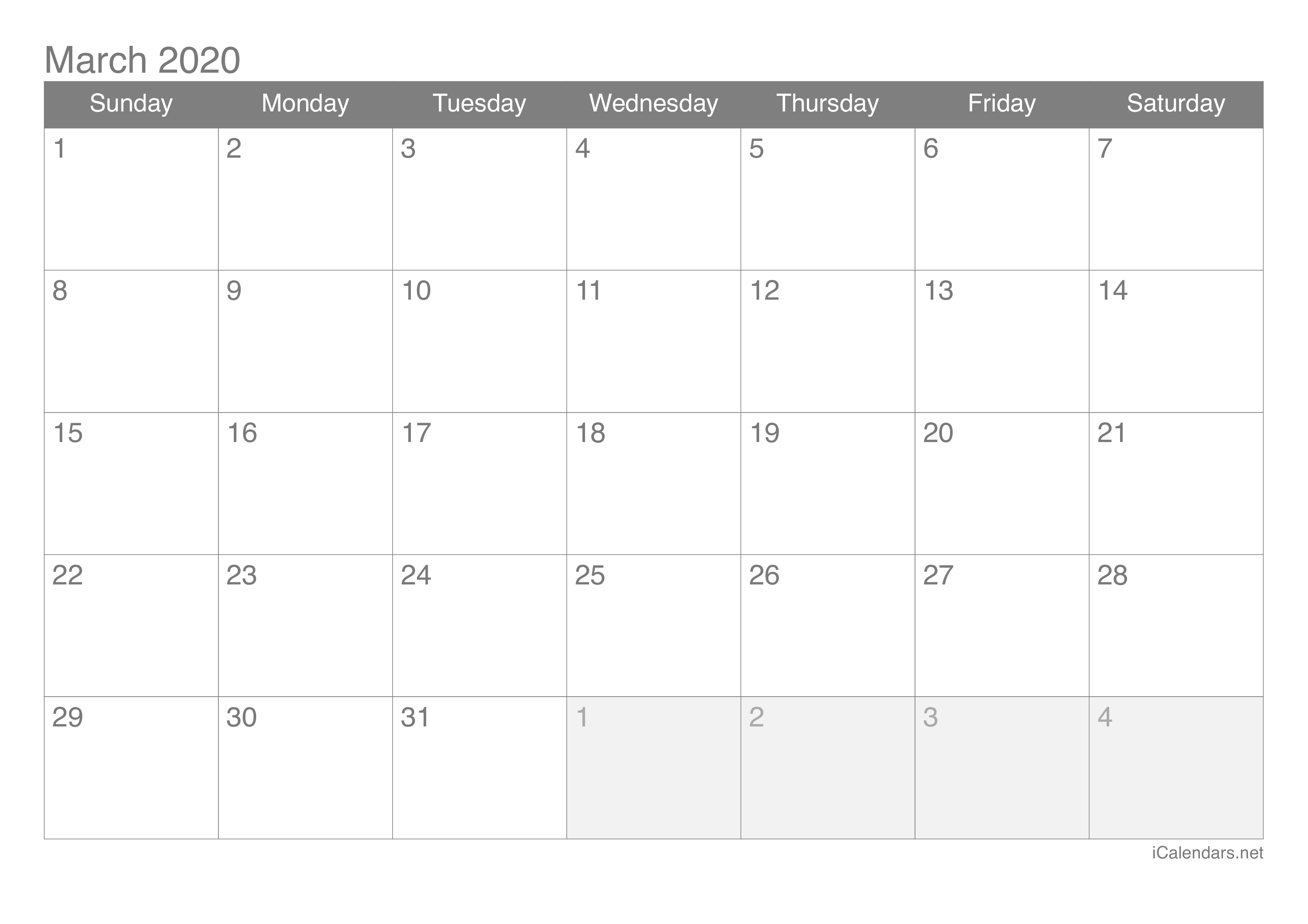 2020 March Calendar