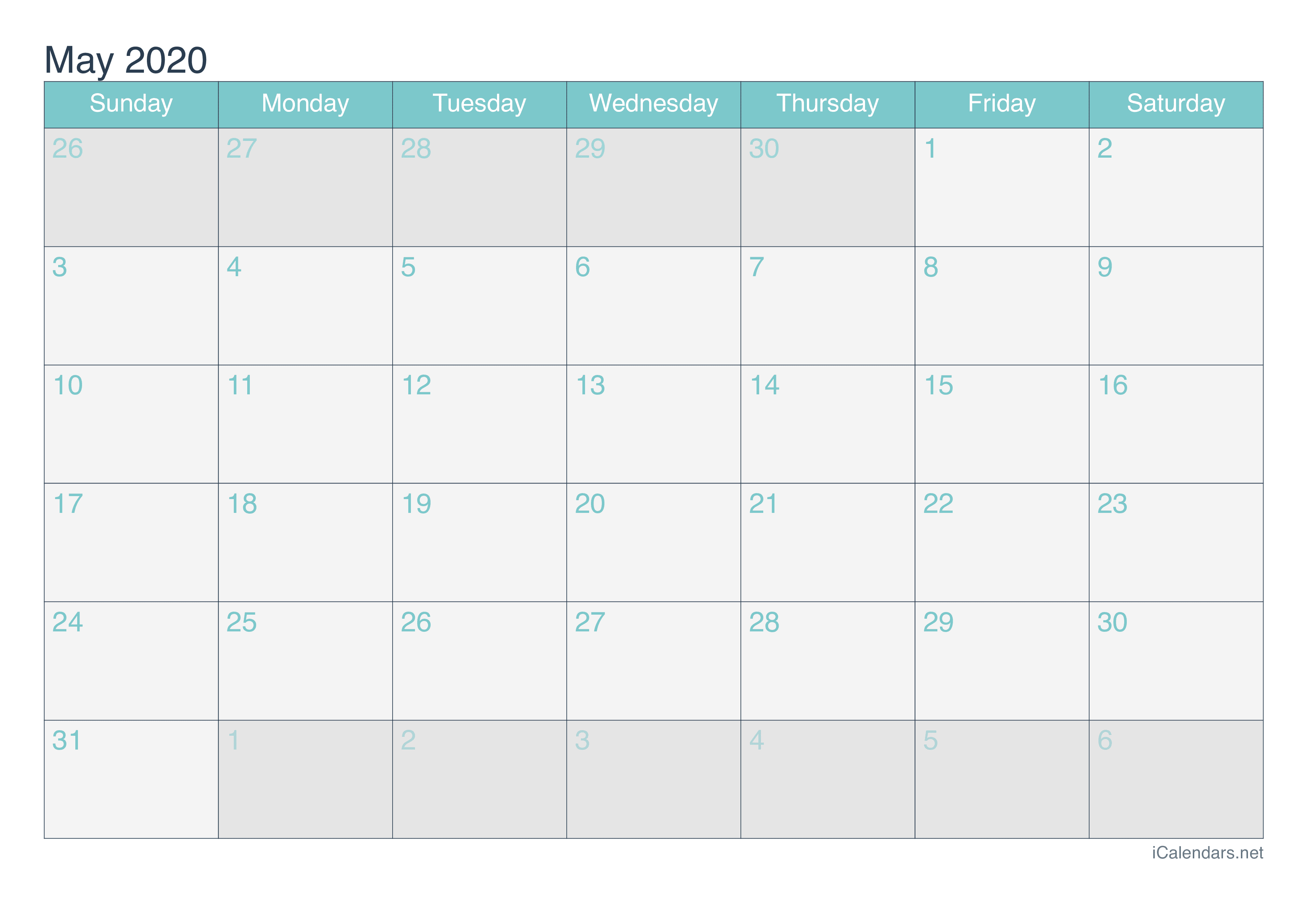2020 May Calendar - Turquoise