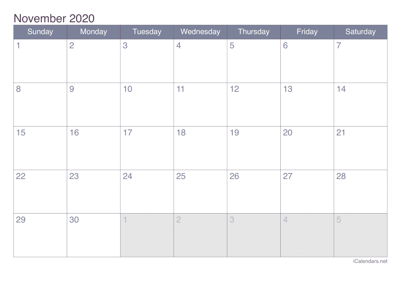 2020 November Calendar - Office