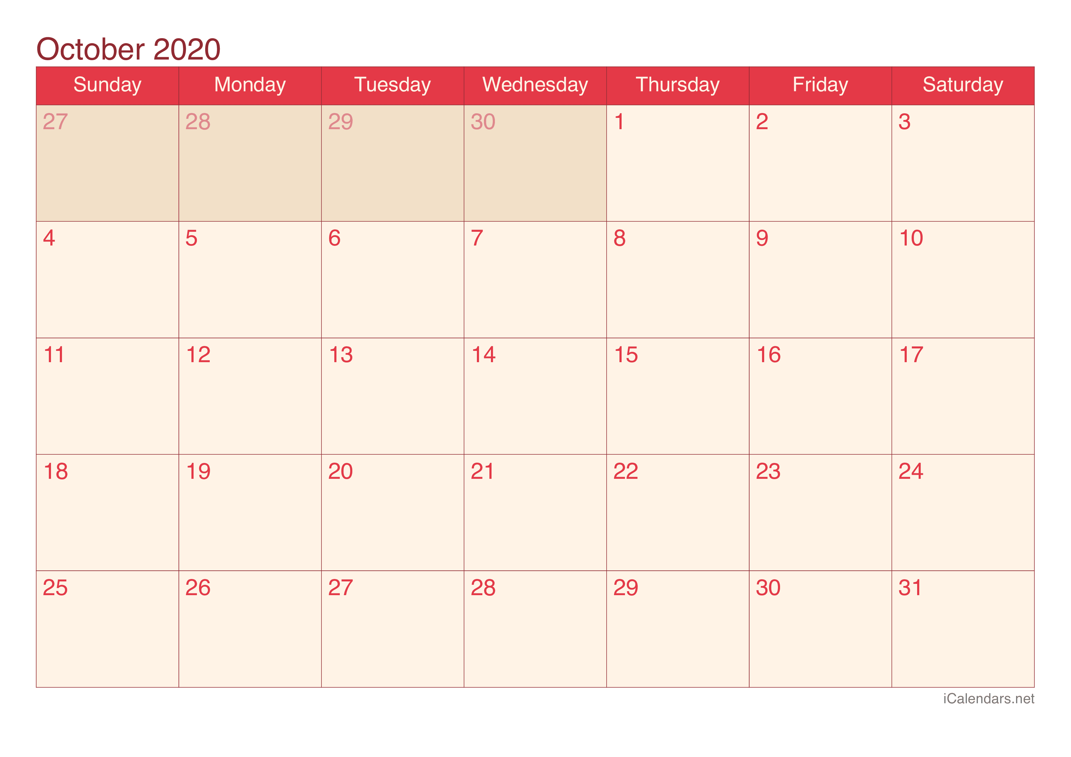 2020 October Calendar - Cherry
