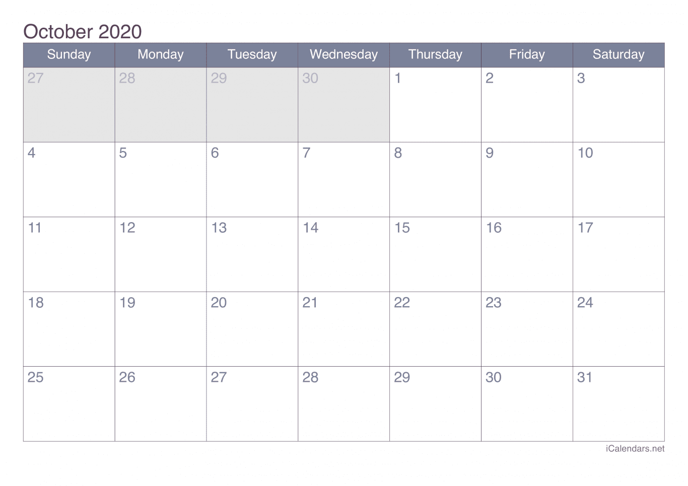 2020 October Calendar - Office
