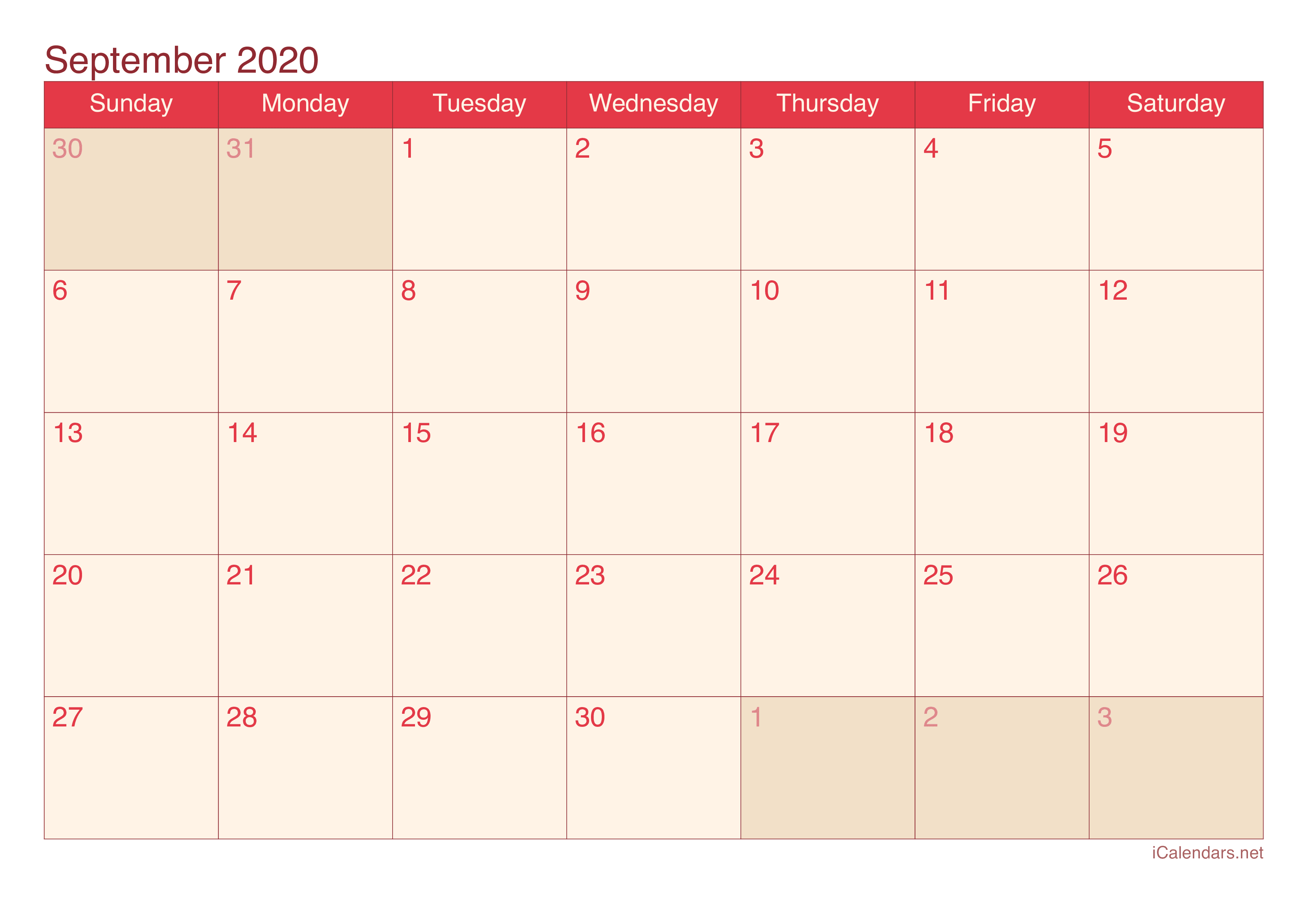 2020 September Calendar - Cherry