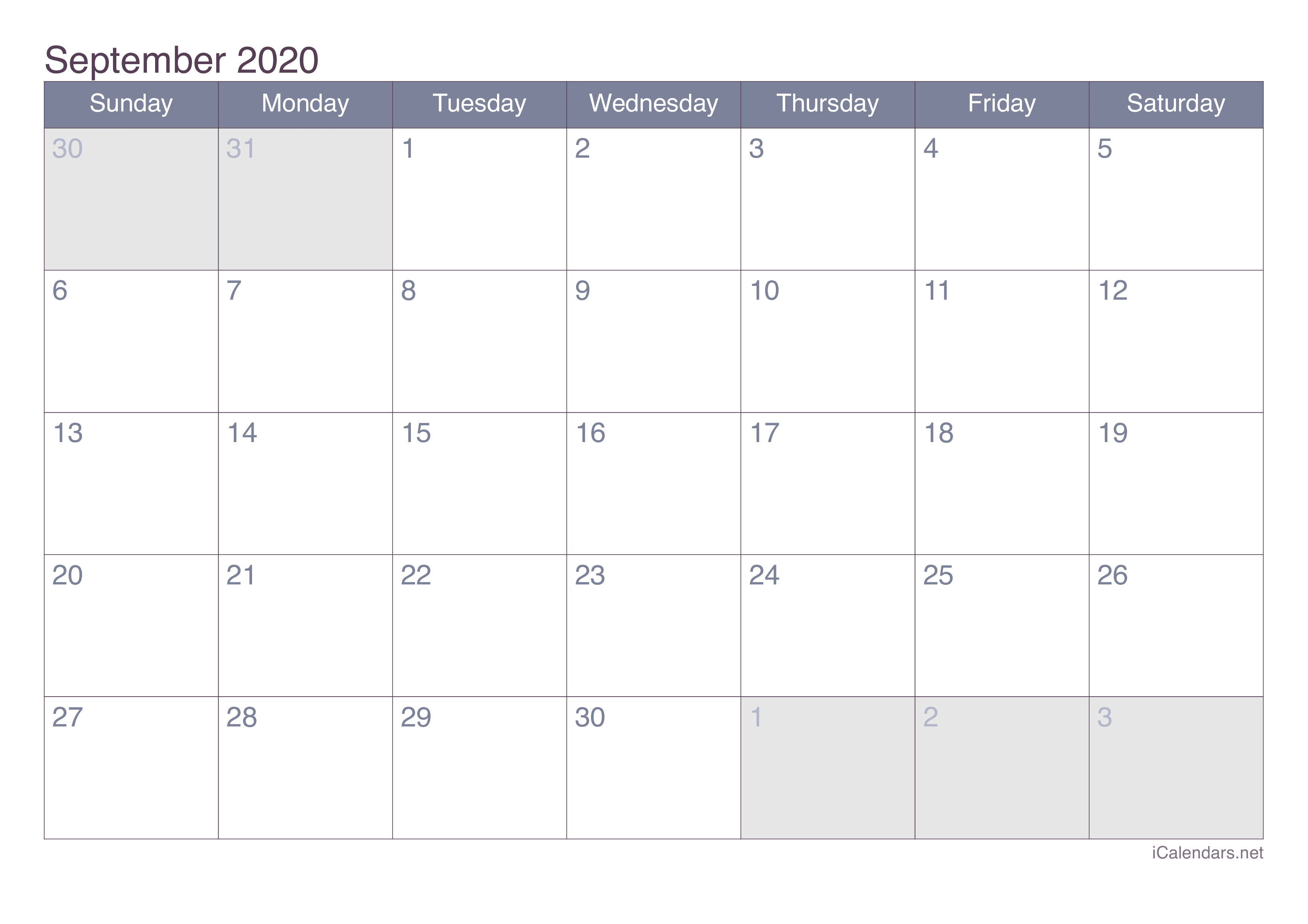 2020 September Calendar - Office