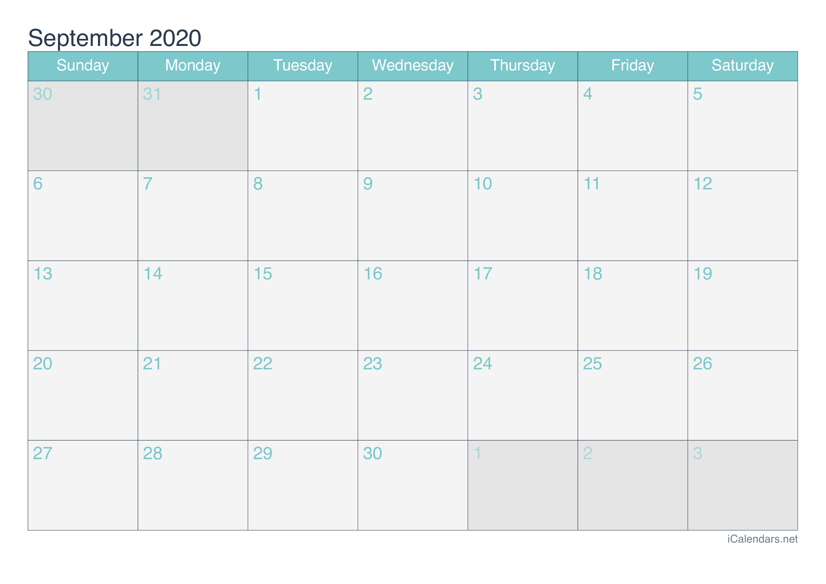 2020 September Calendar - Turquoise
