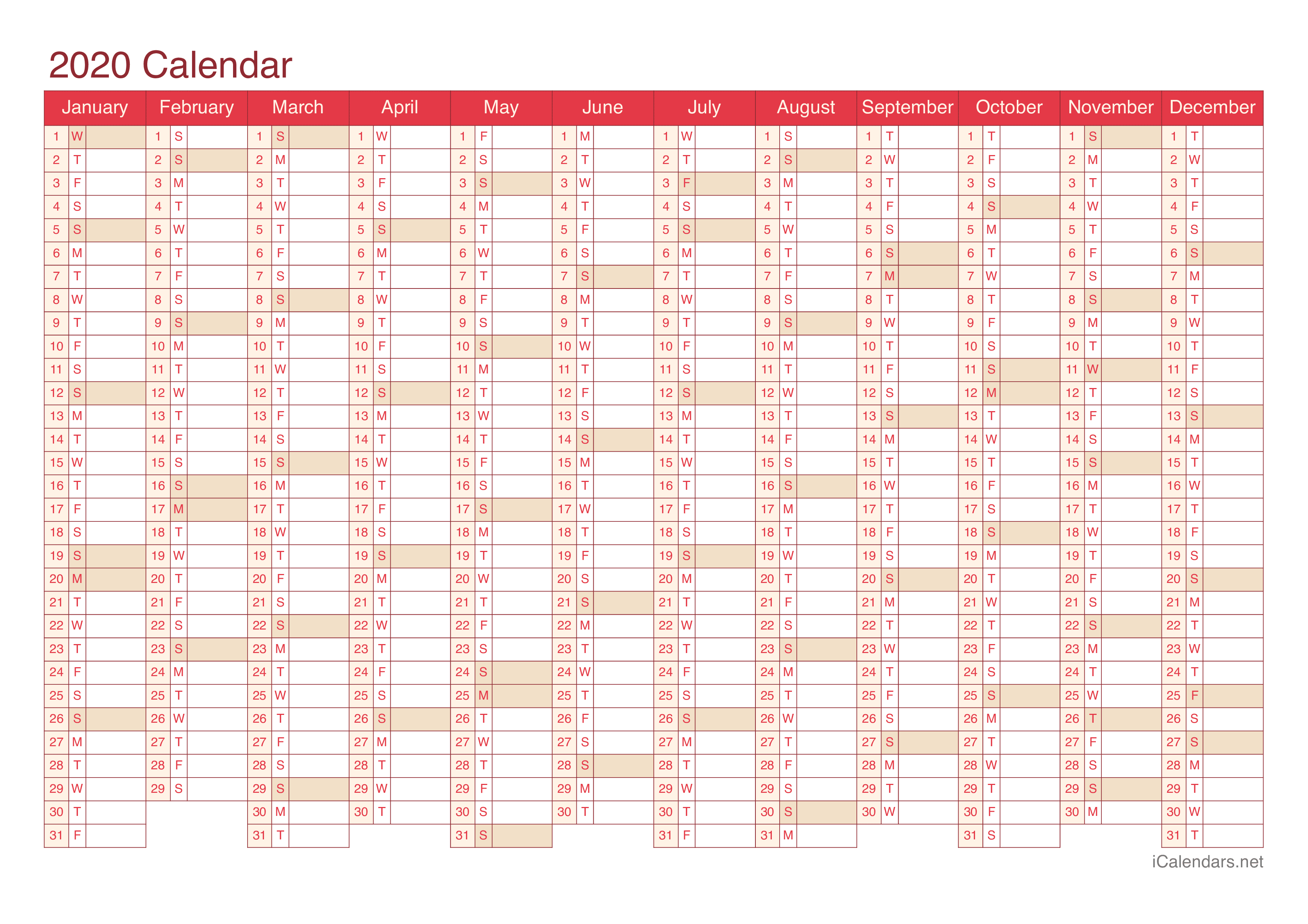 2020 Calendar - Cherry