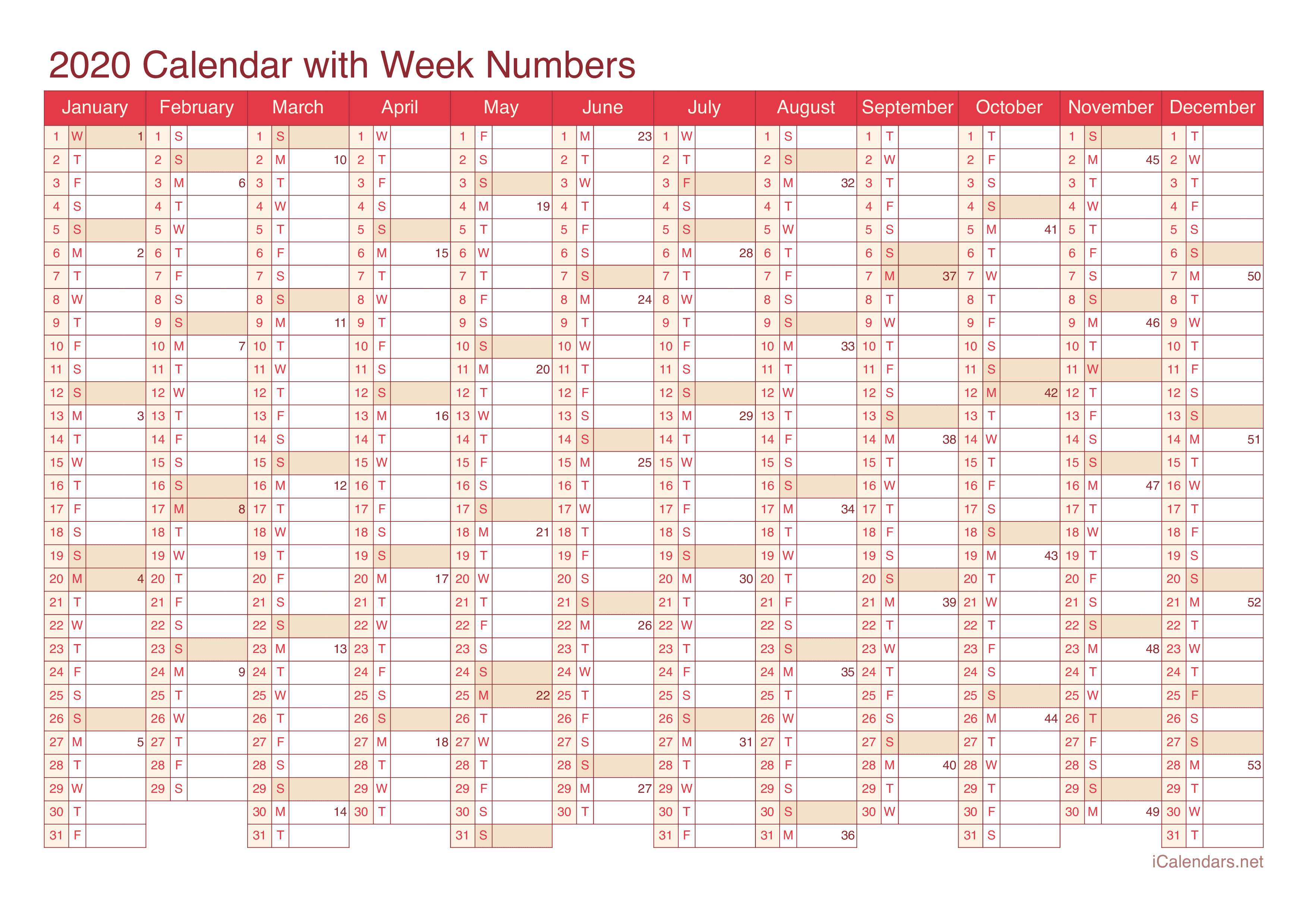 2020 Calendar with week numbers - Cherry