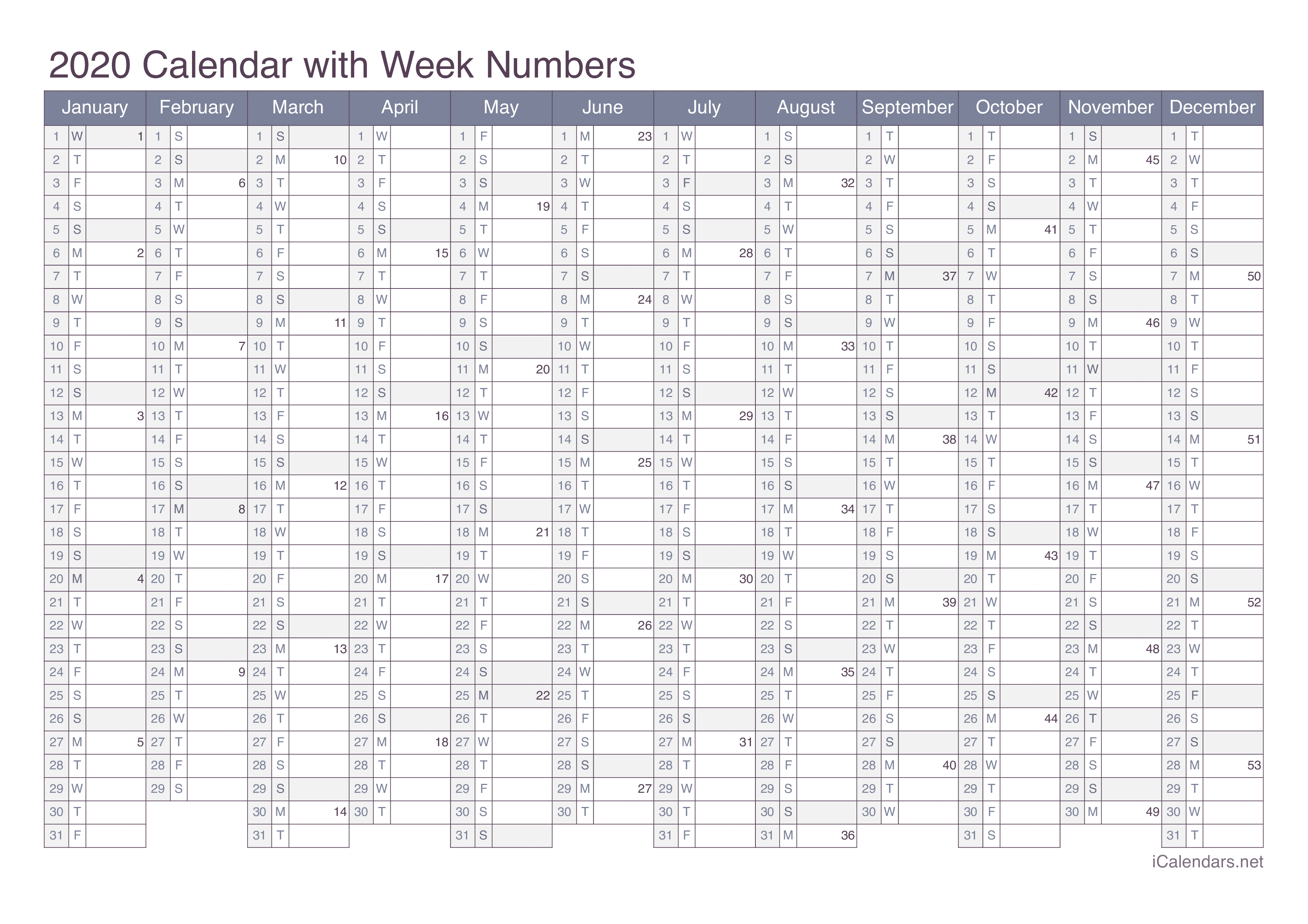 2020 Calendar with week numbers - Office