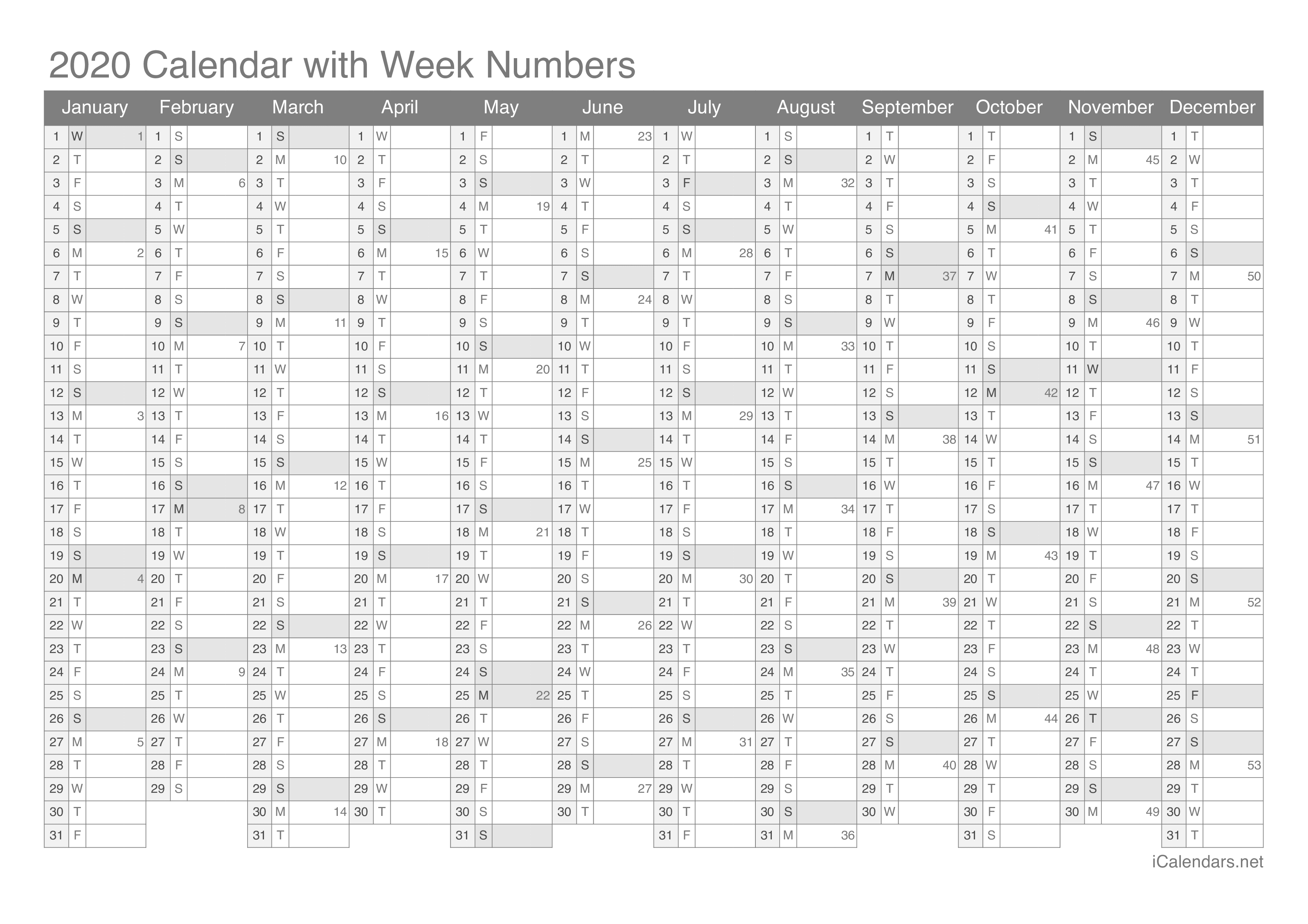 2020 Calendar with week numbers