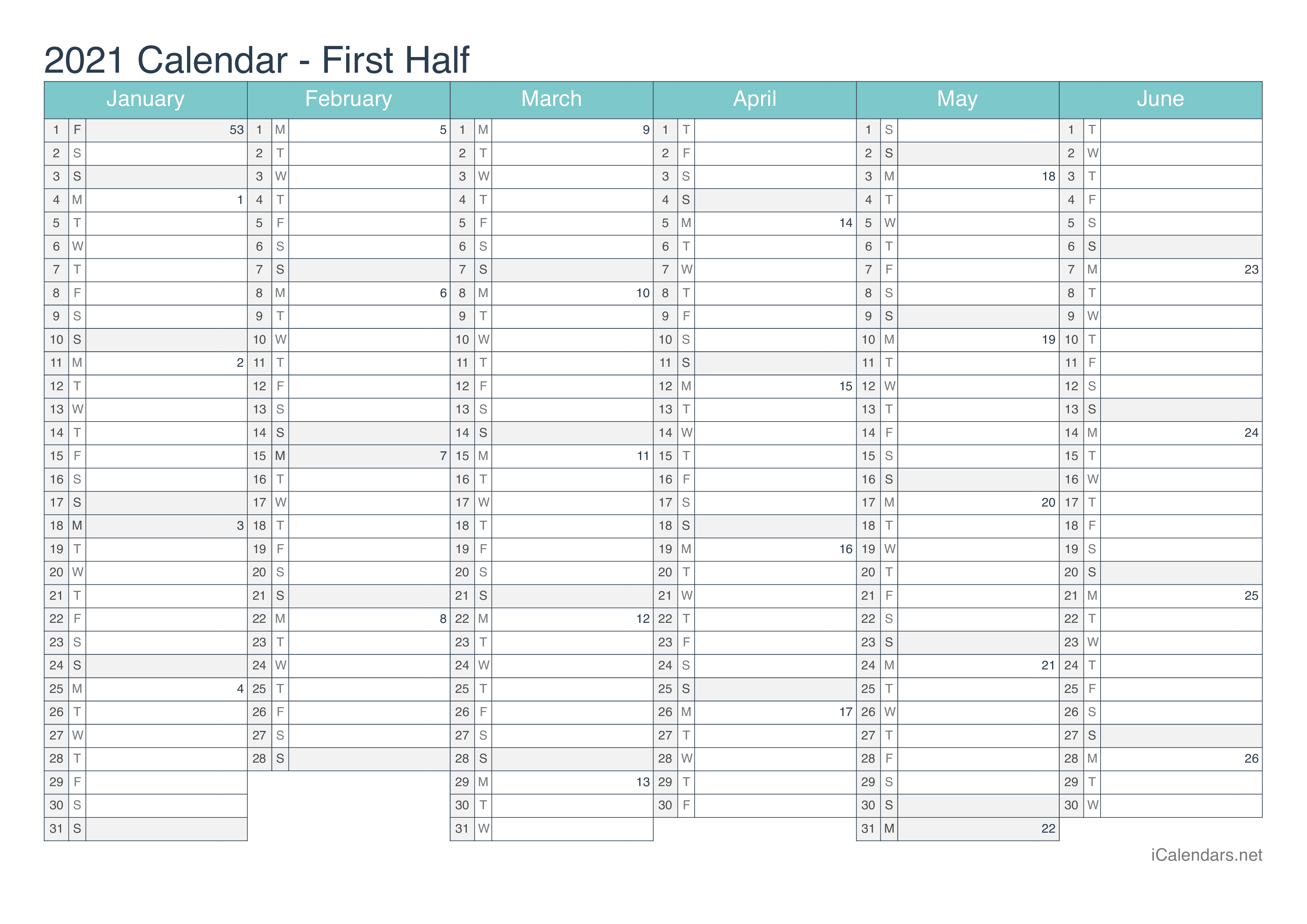 2021 Half year calendar with week numbers - Turquoise
