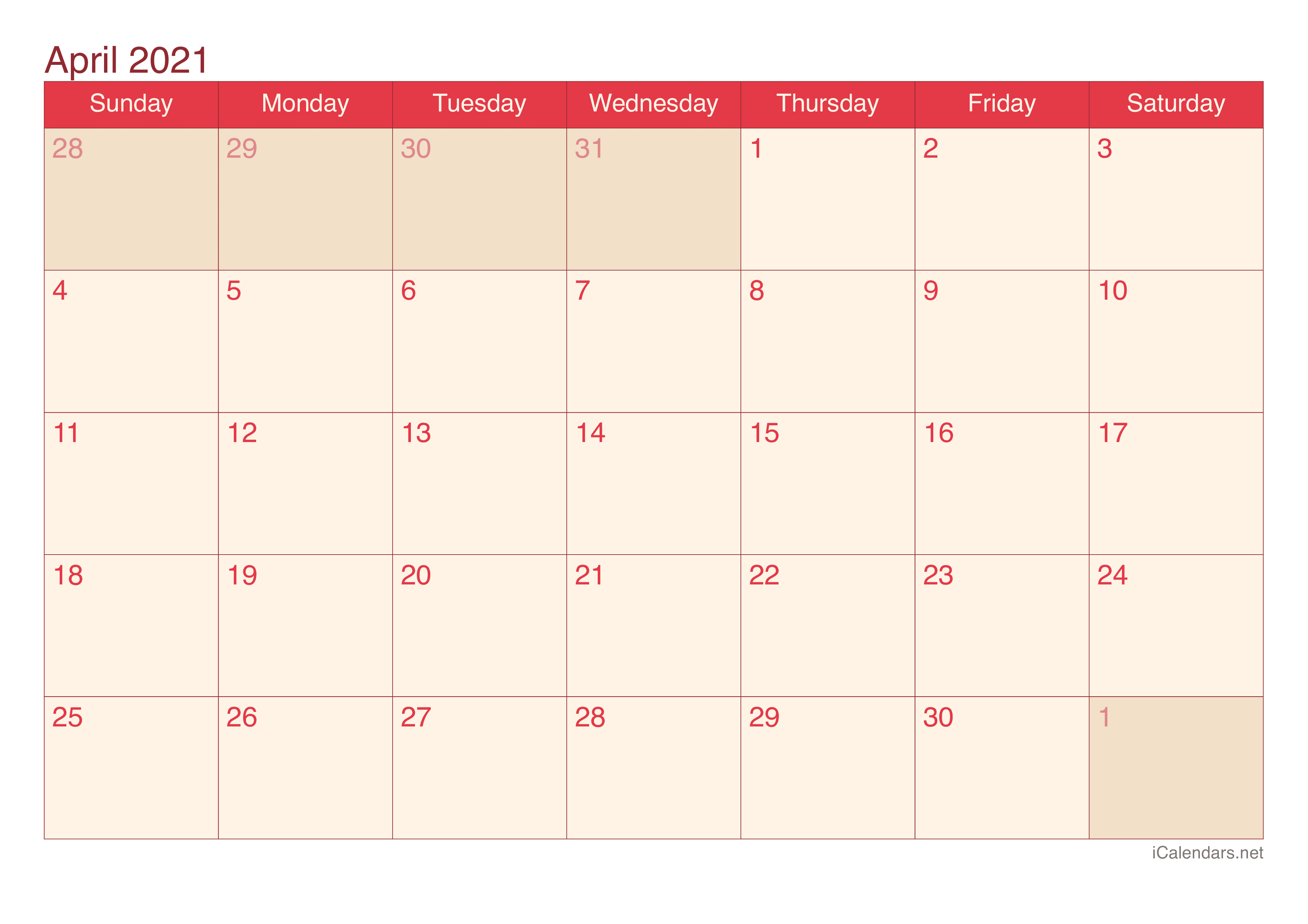 2021 April Calendar - Cherry