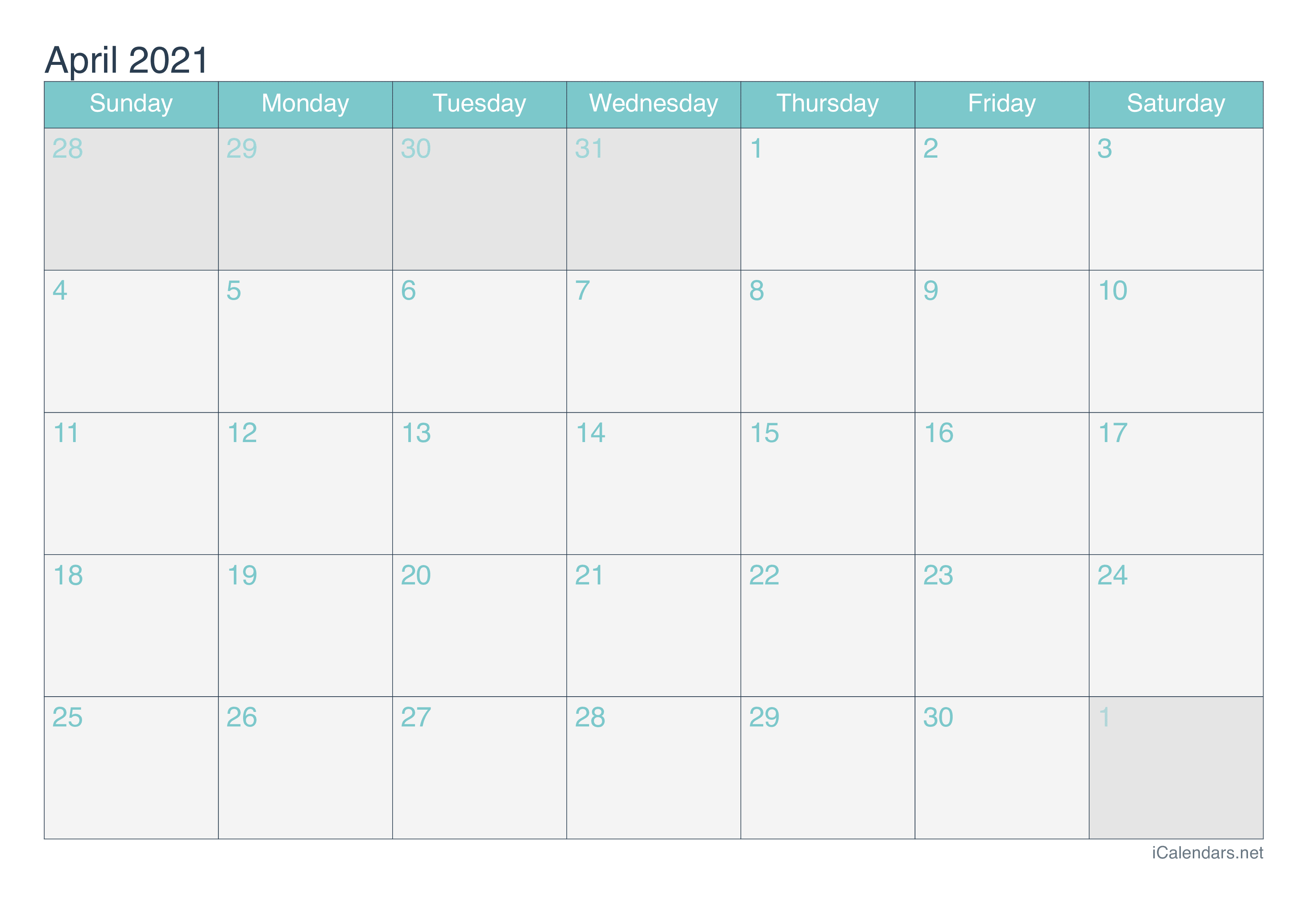 2021 April Calendar - Turquoise