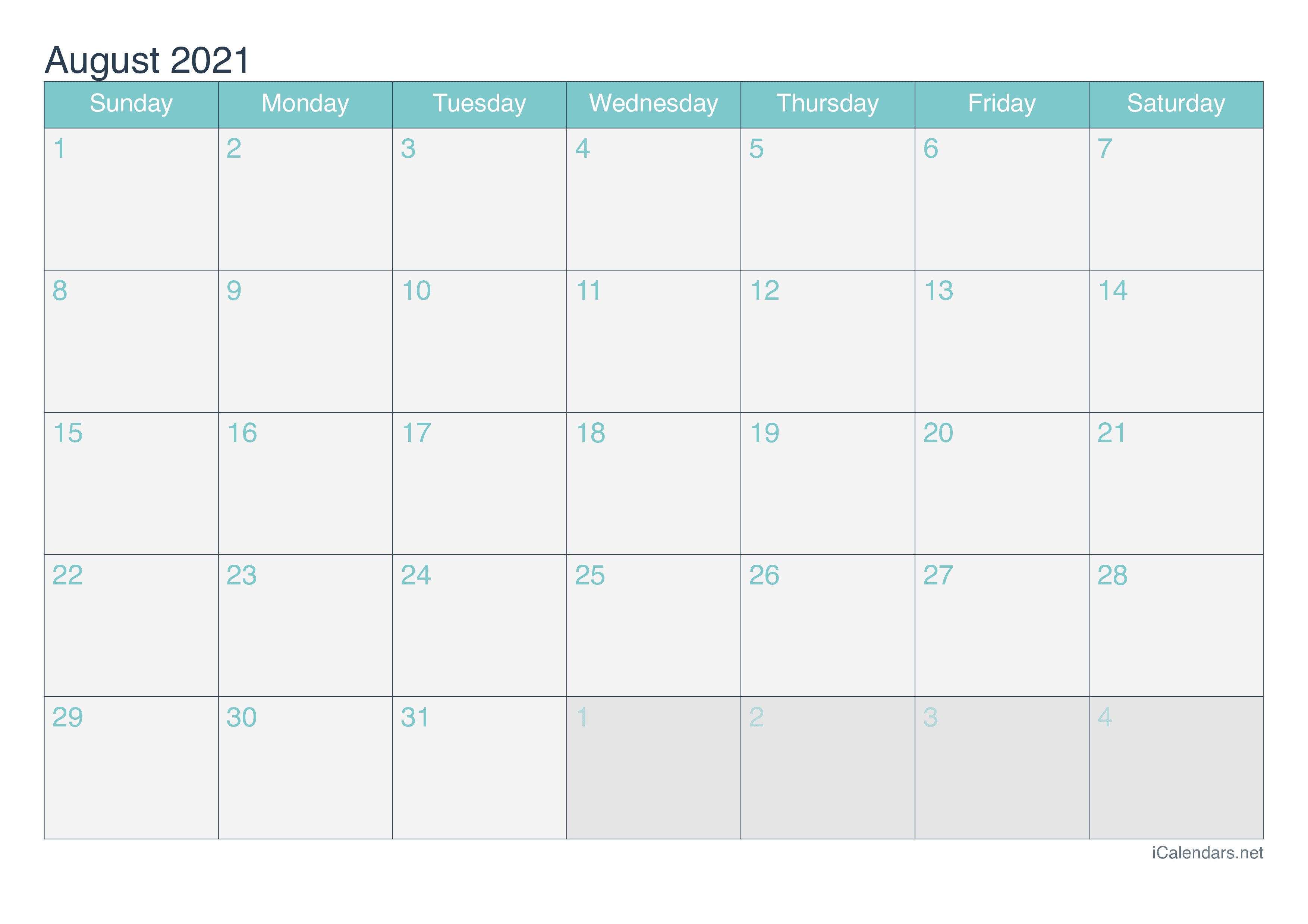 2021 August Calendar - Turquoise