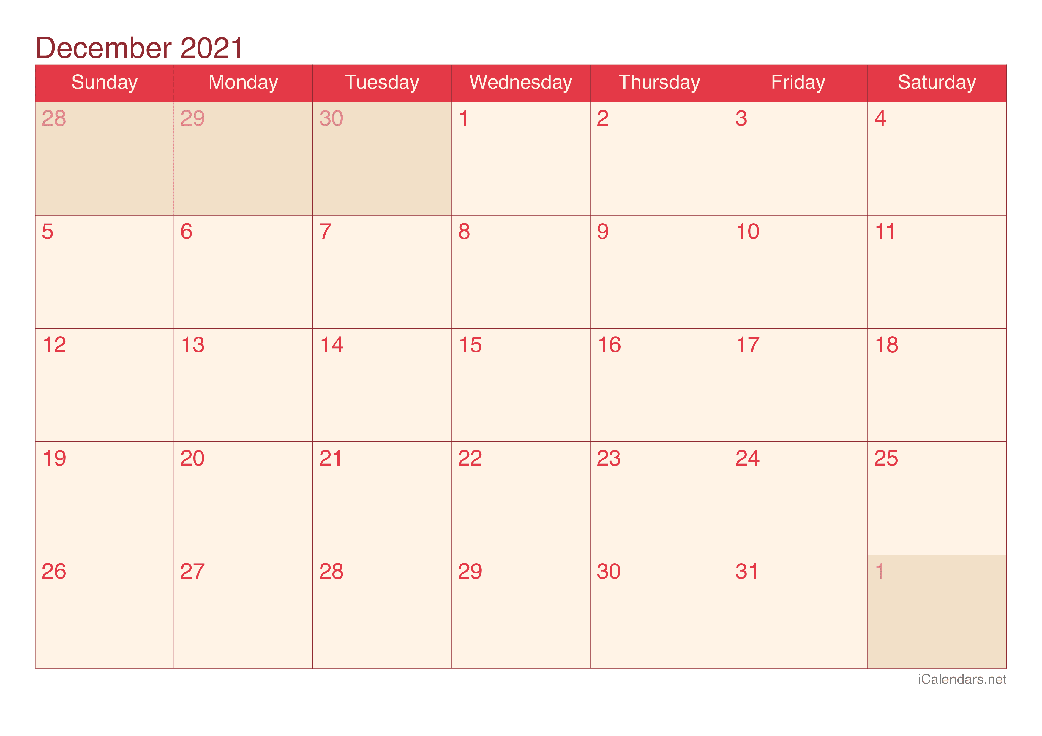 2021 December Calendar - Cherry