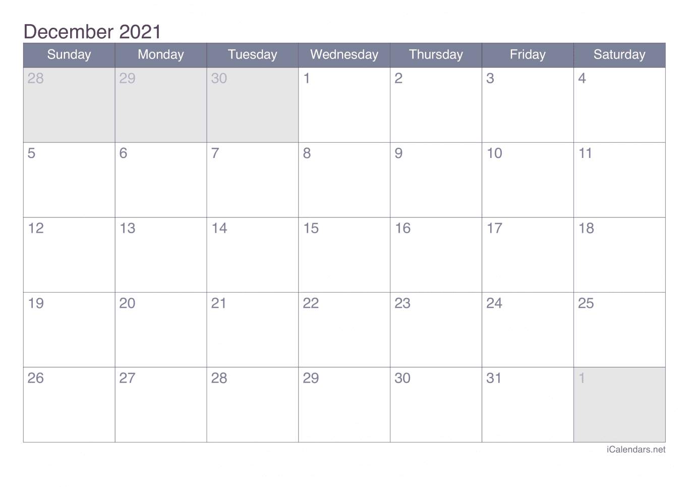 2021 December Calendar - Office