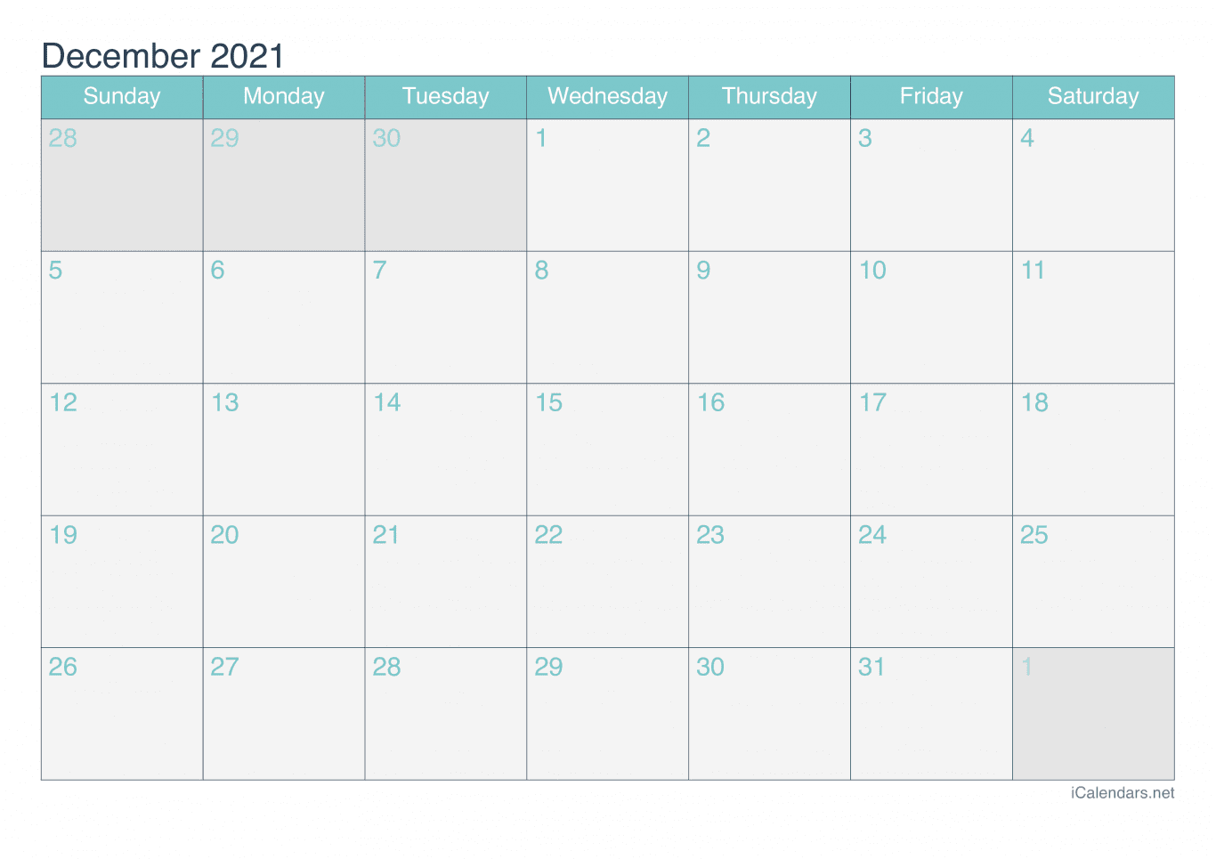 2021 December Calendar - Turquoise