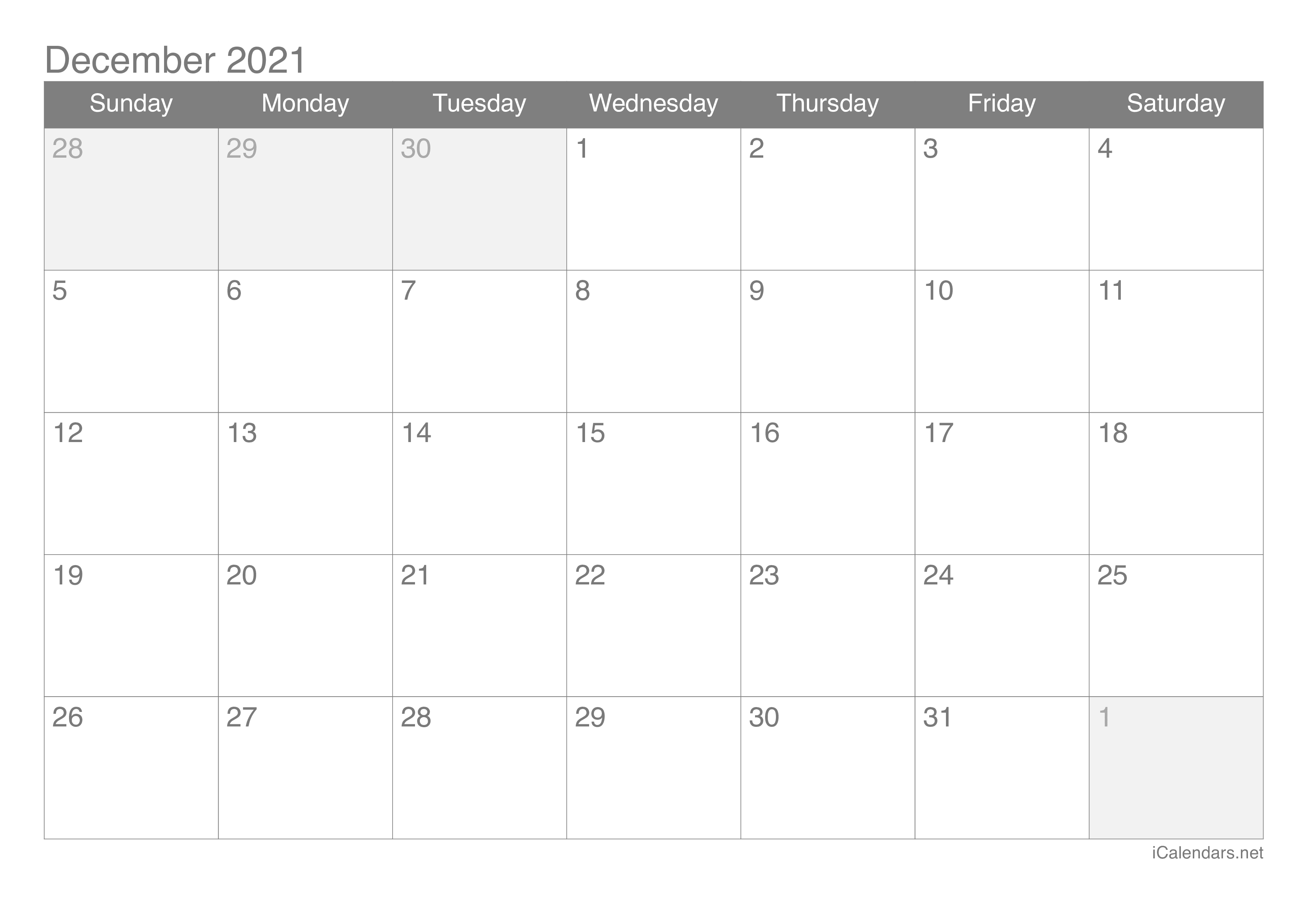 2021 December Calendar