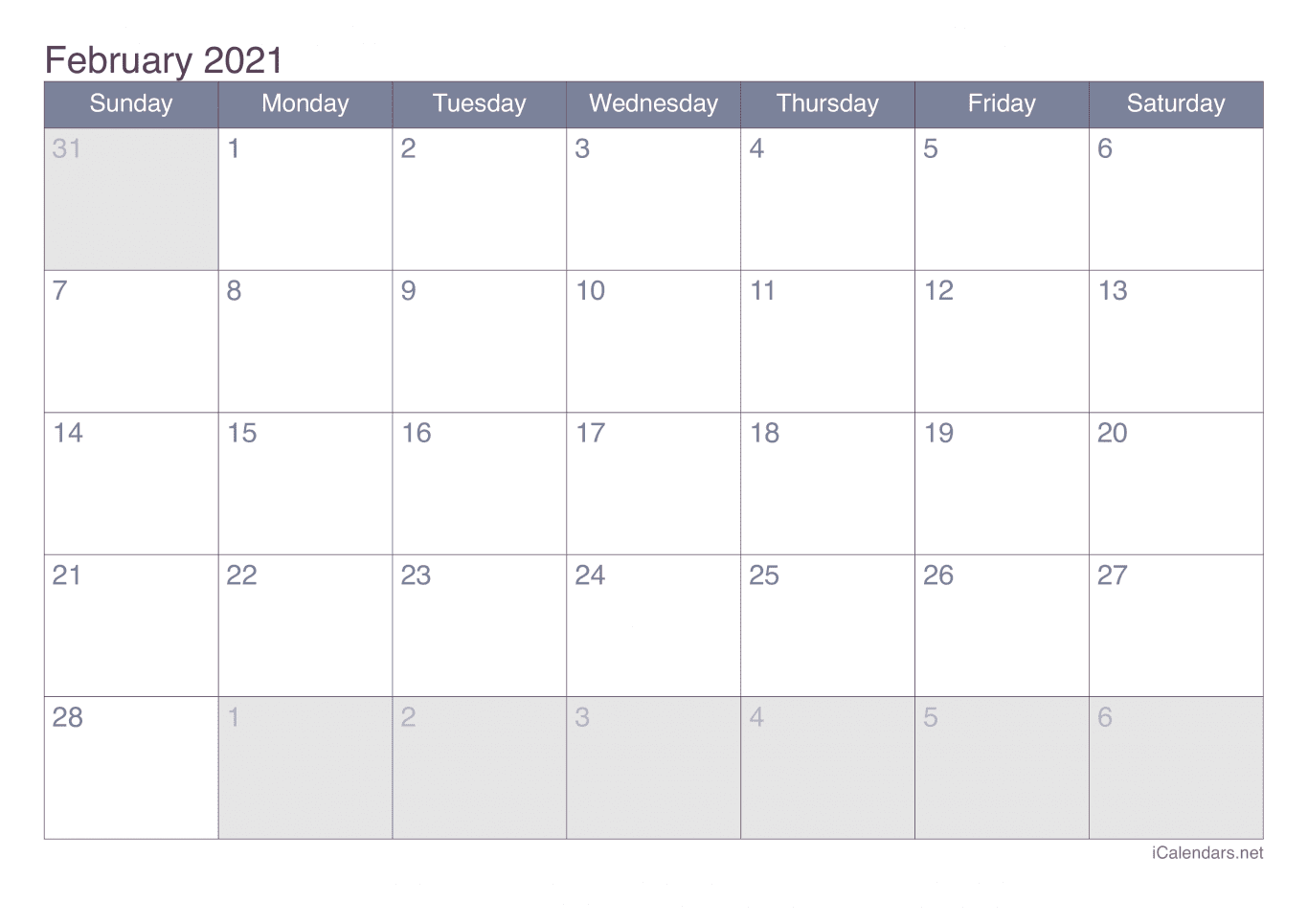 2021 February Calendar - Office