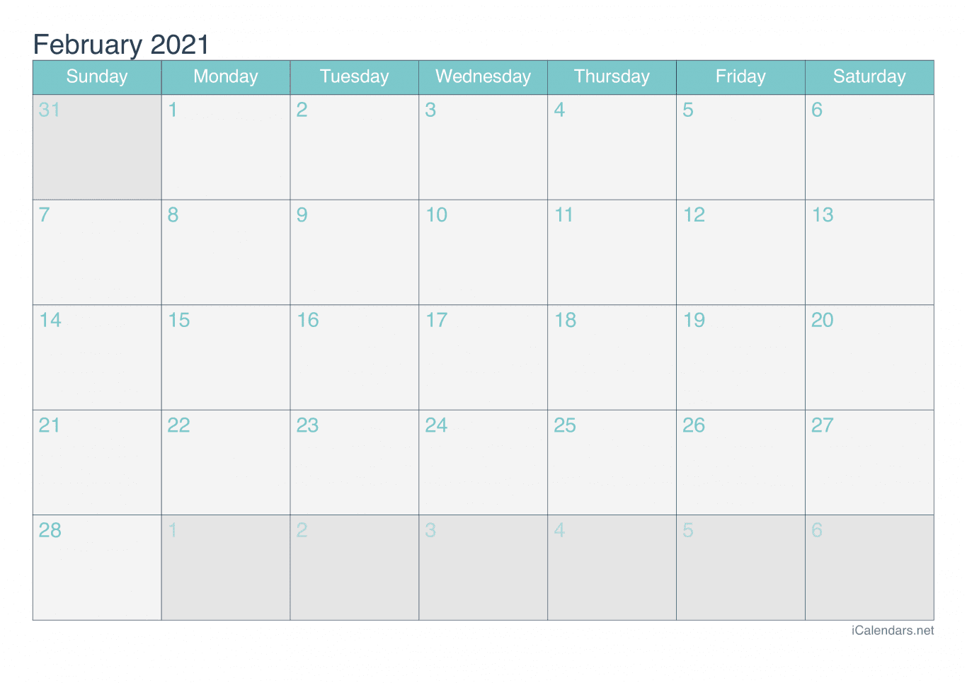 2021 February Calendar - Turquoise