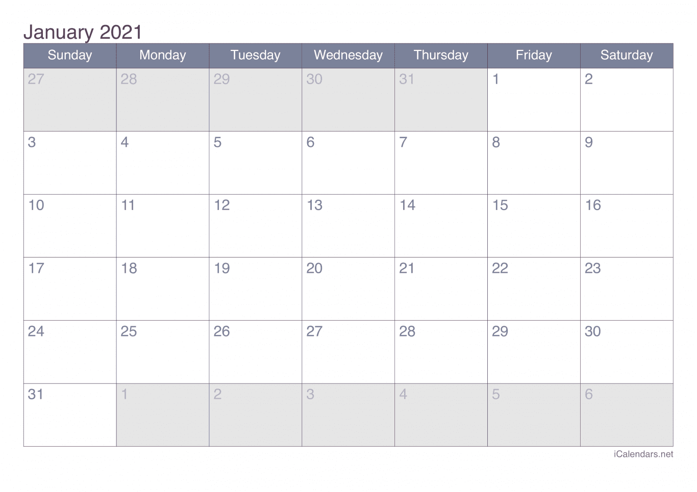 2021 January Calendar - Office