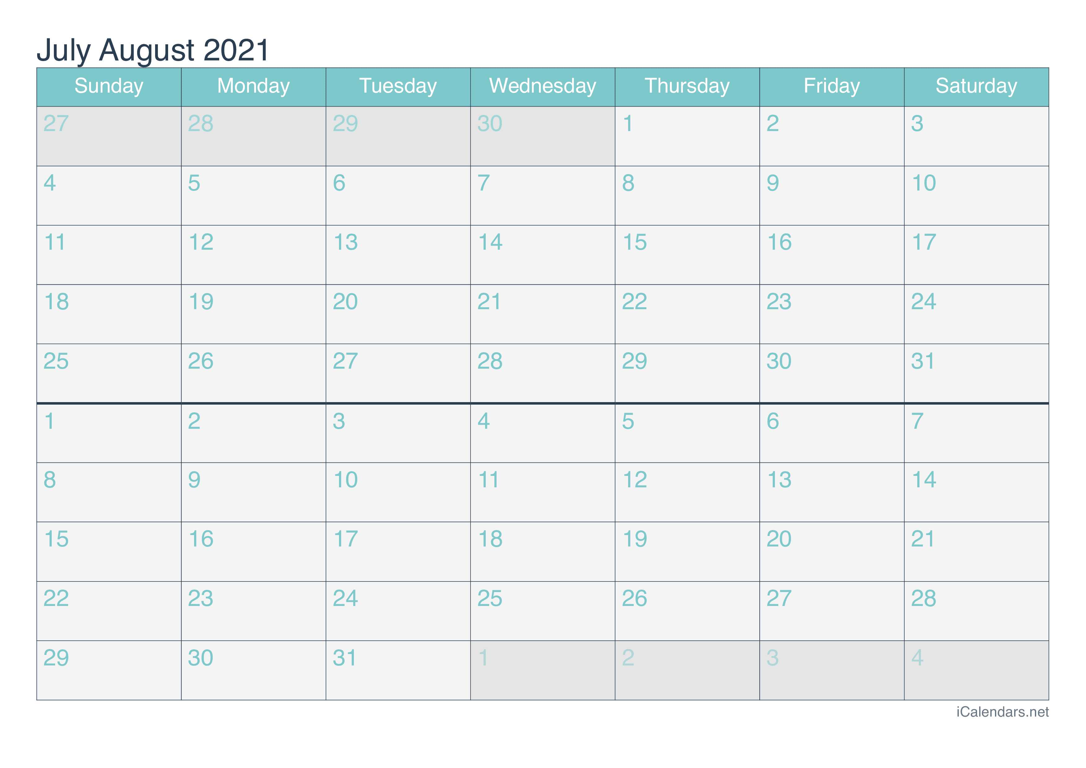 2021 July August Calendar - Turquoise