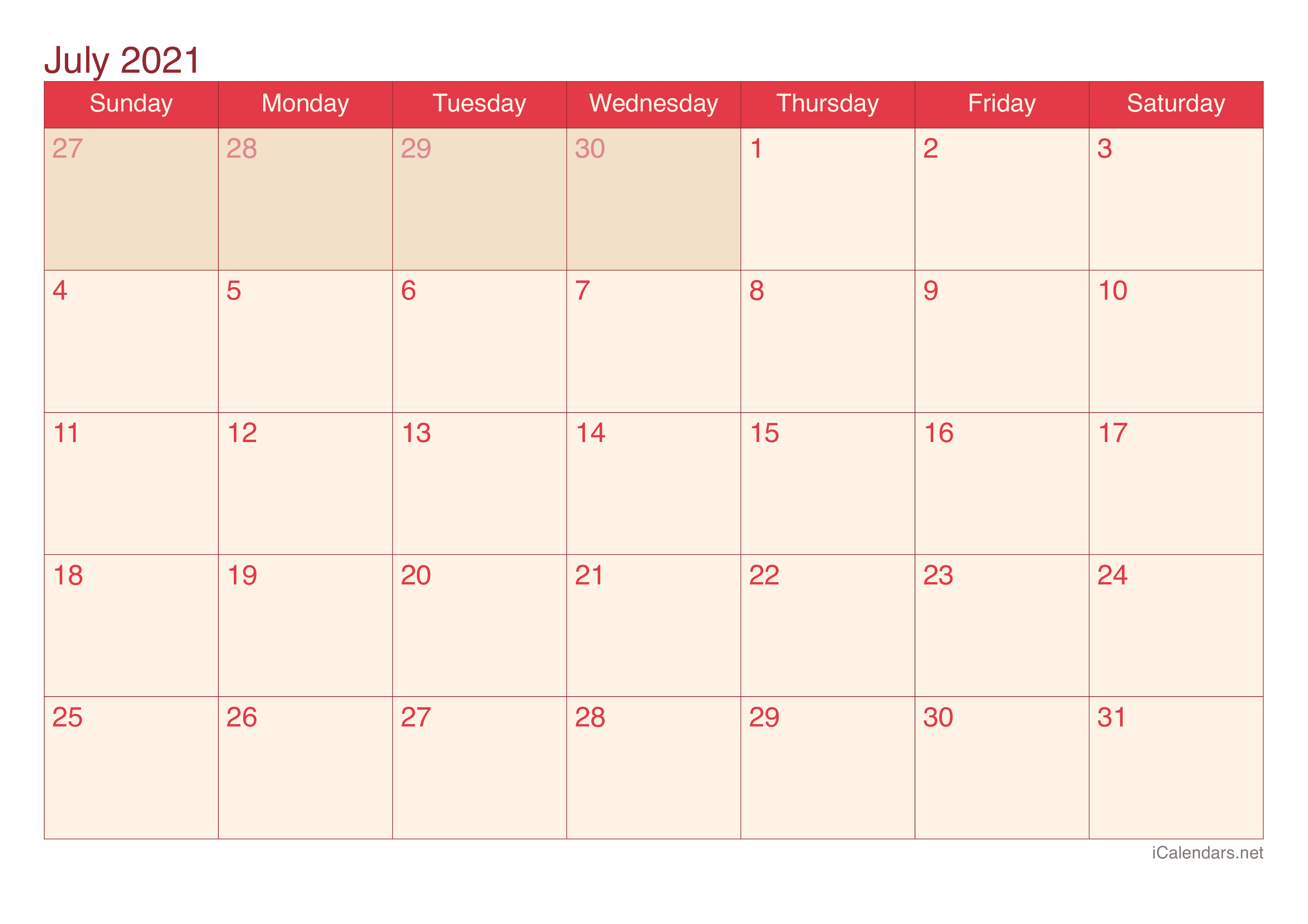 2021 July Calendar - Cherry