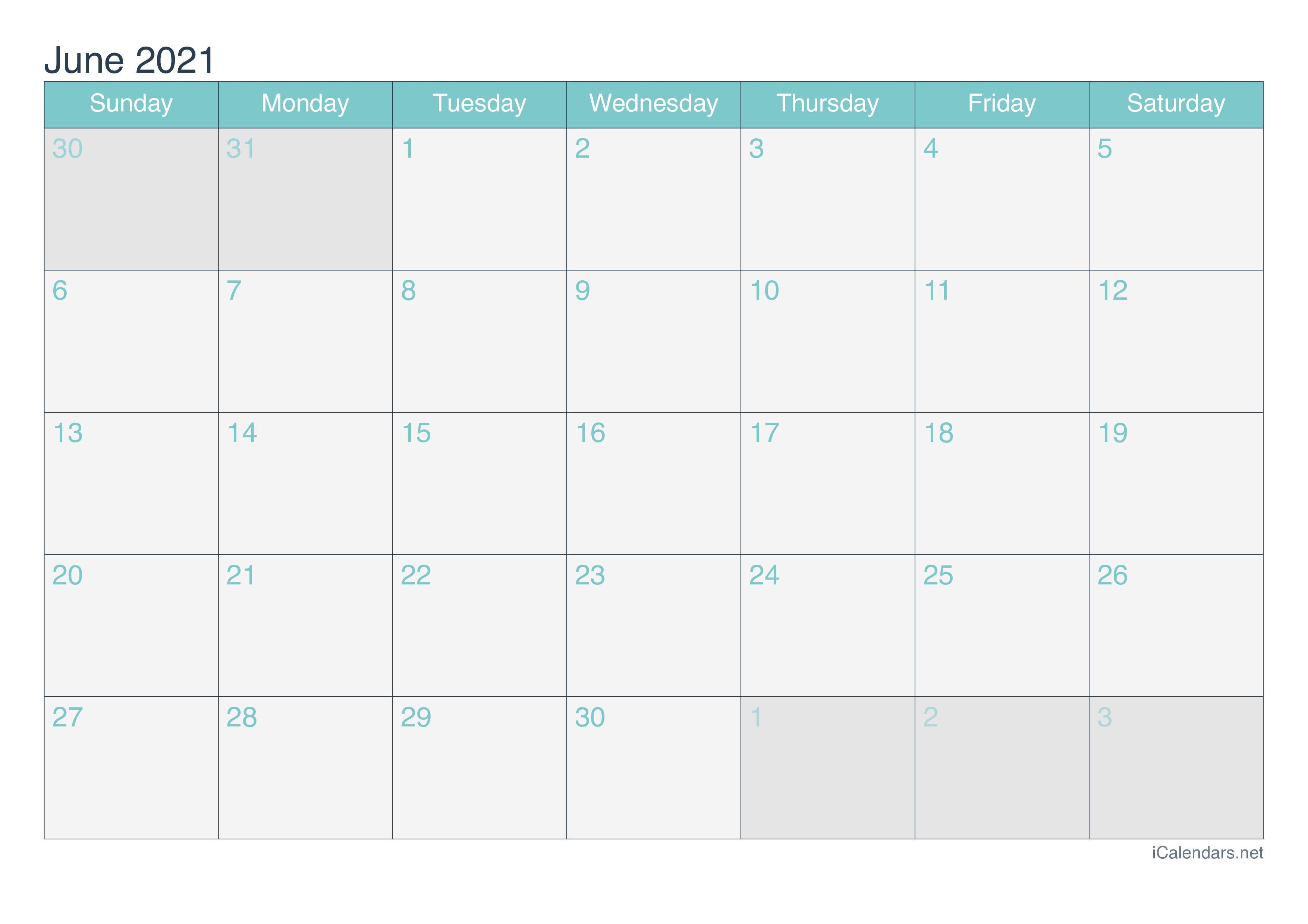 2021 June Calendar - Turquoise