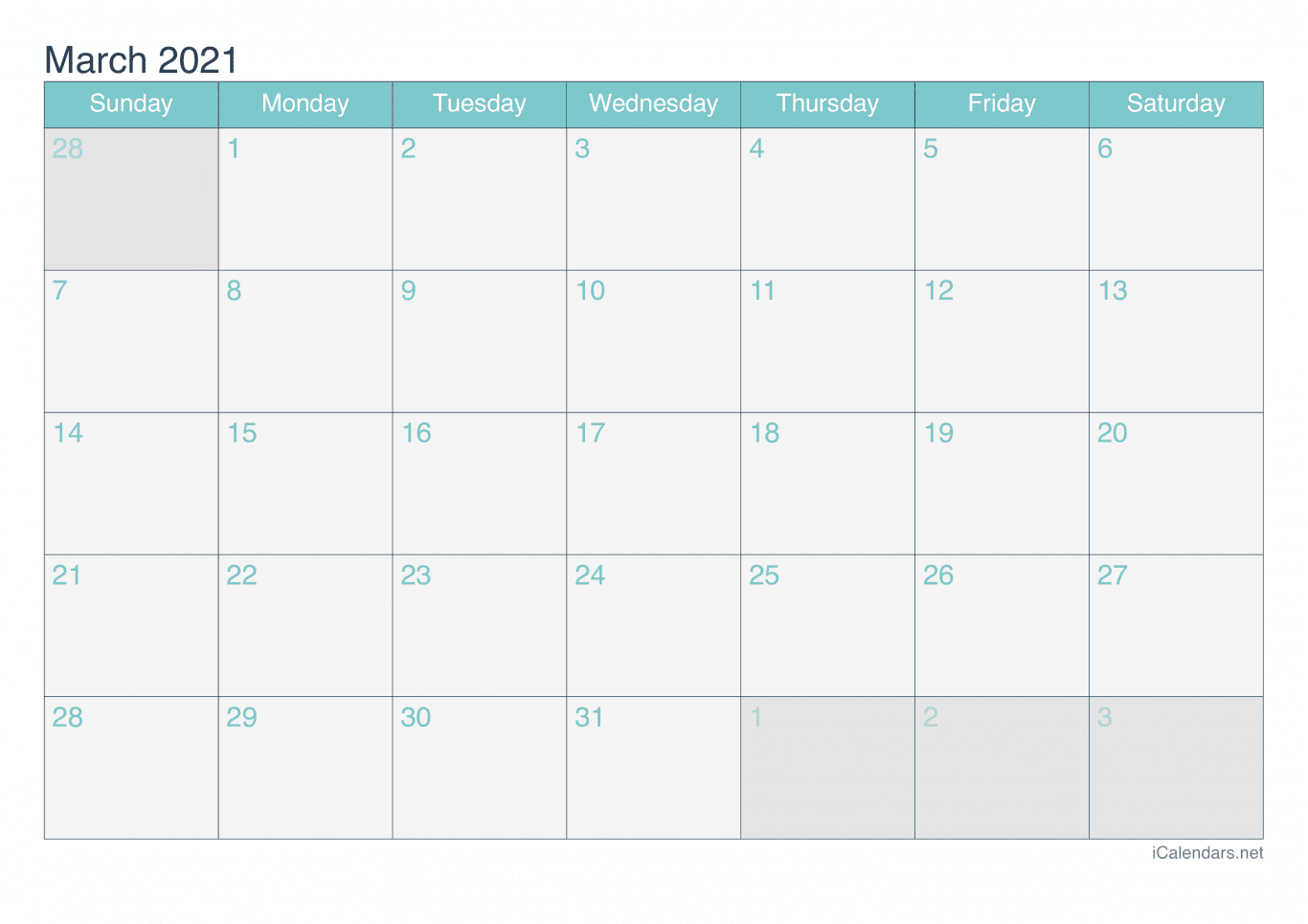 2021 March Calendar - Turquoise