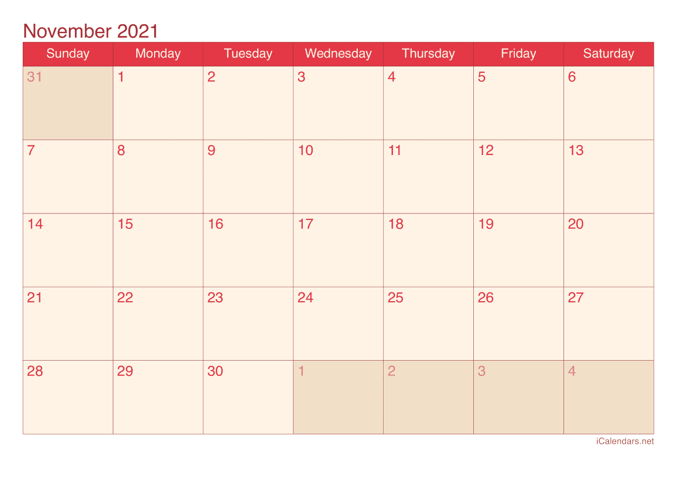 2021 November Calendar - Cherry