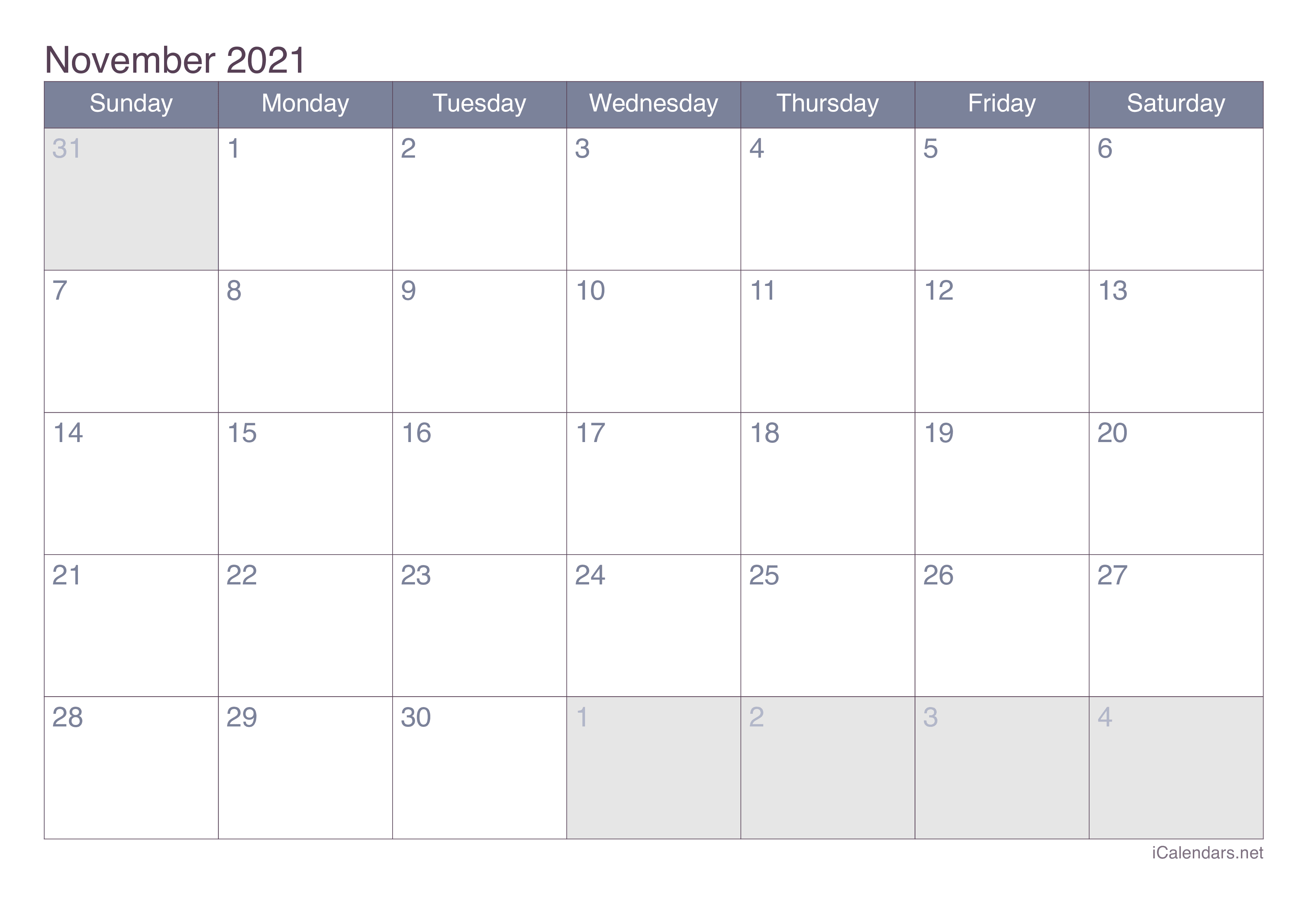 2021 November Calendar - Office