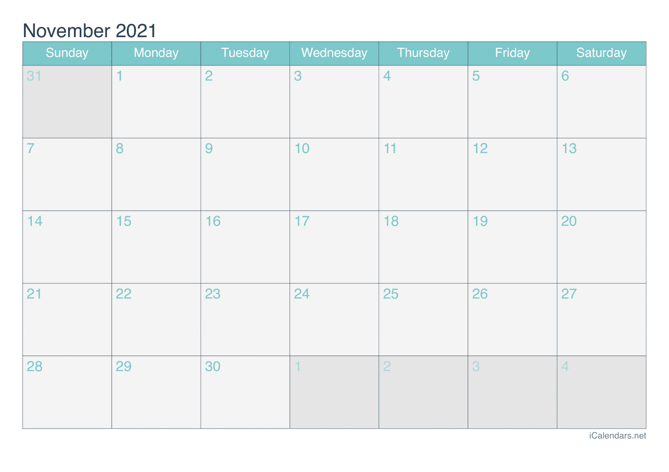 2021 November Calendar - Turquoise