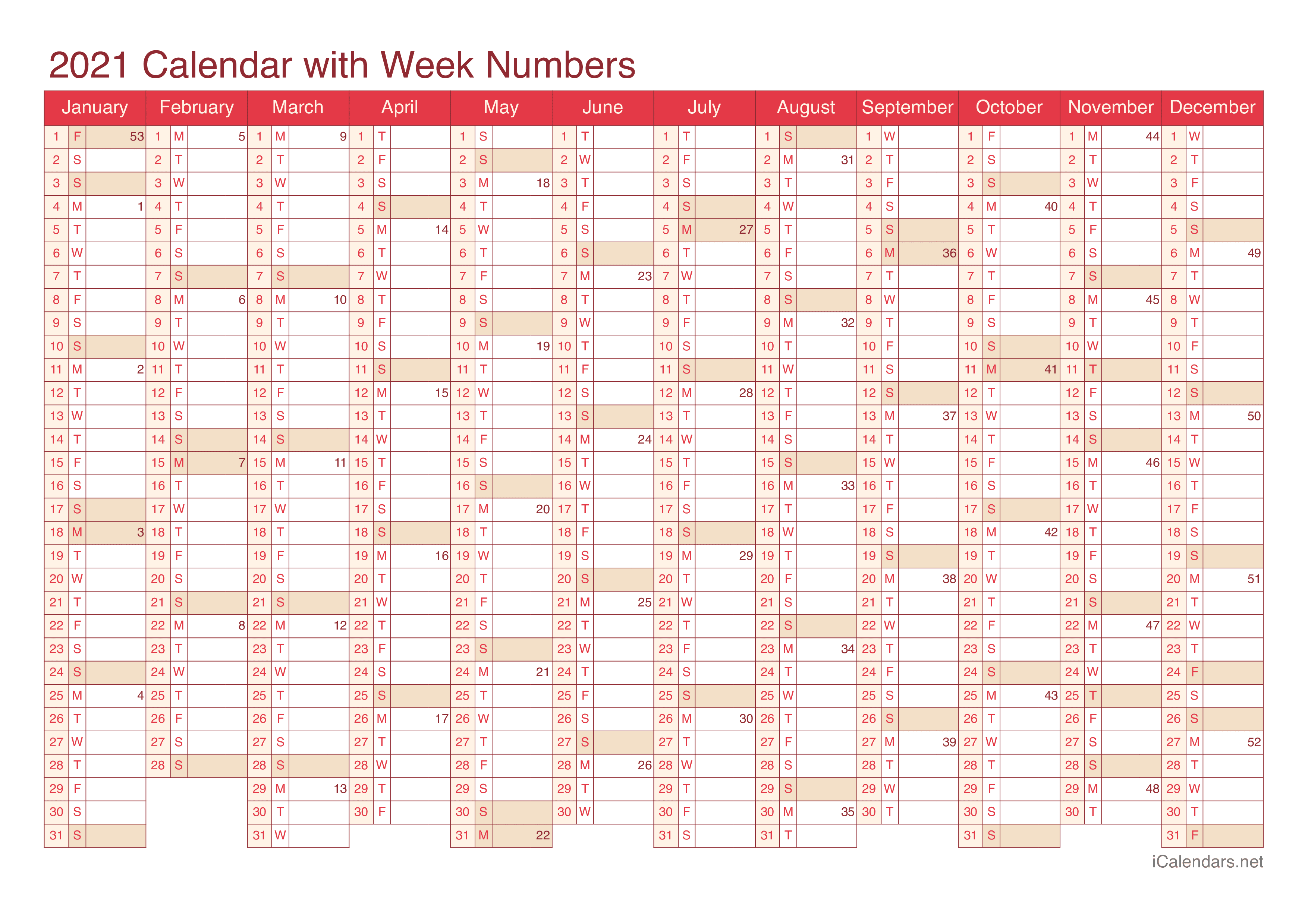 2021 Calendar with week numbers - Cherry