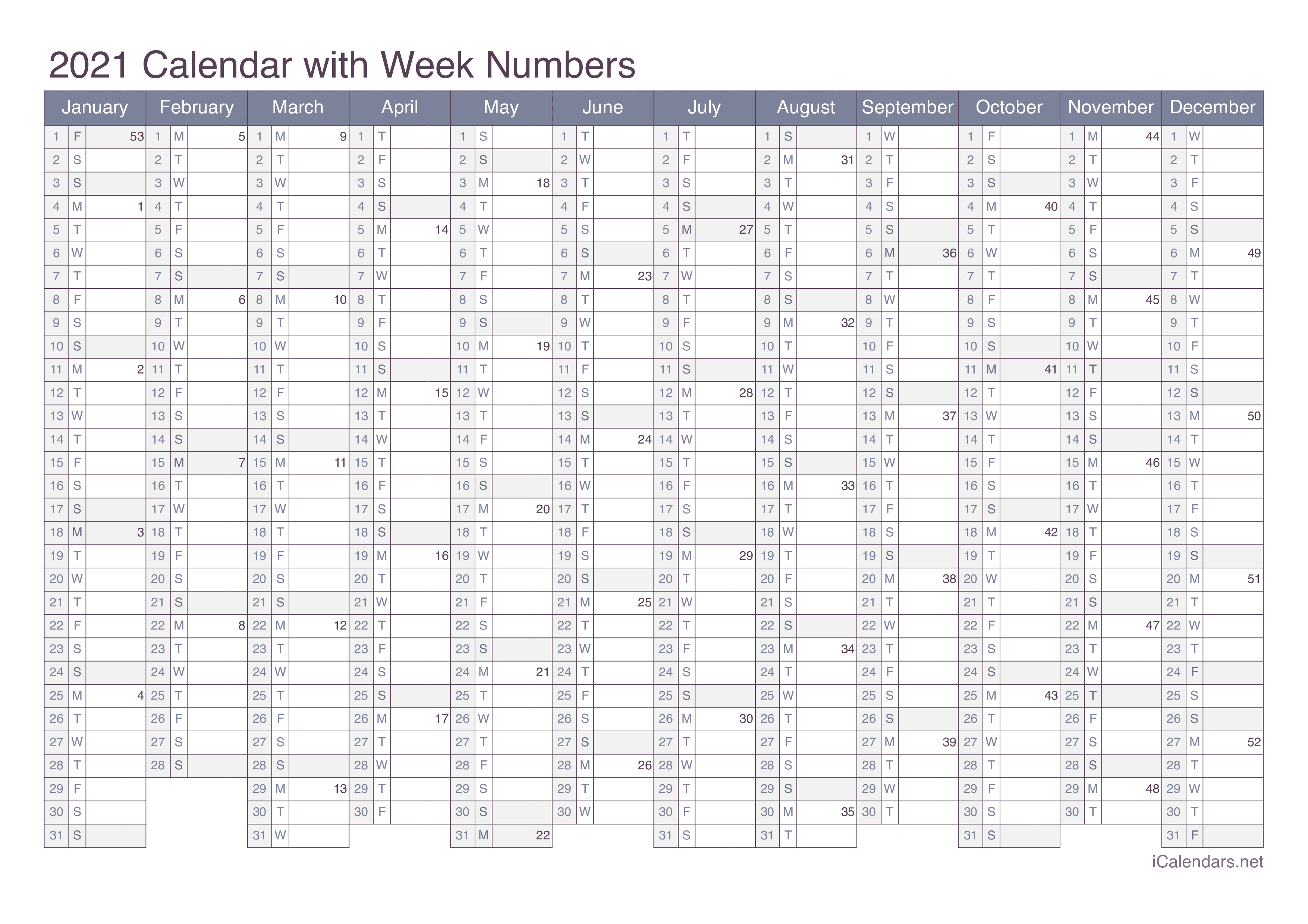 2021 Calendar with week numbers - Office