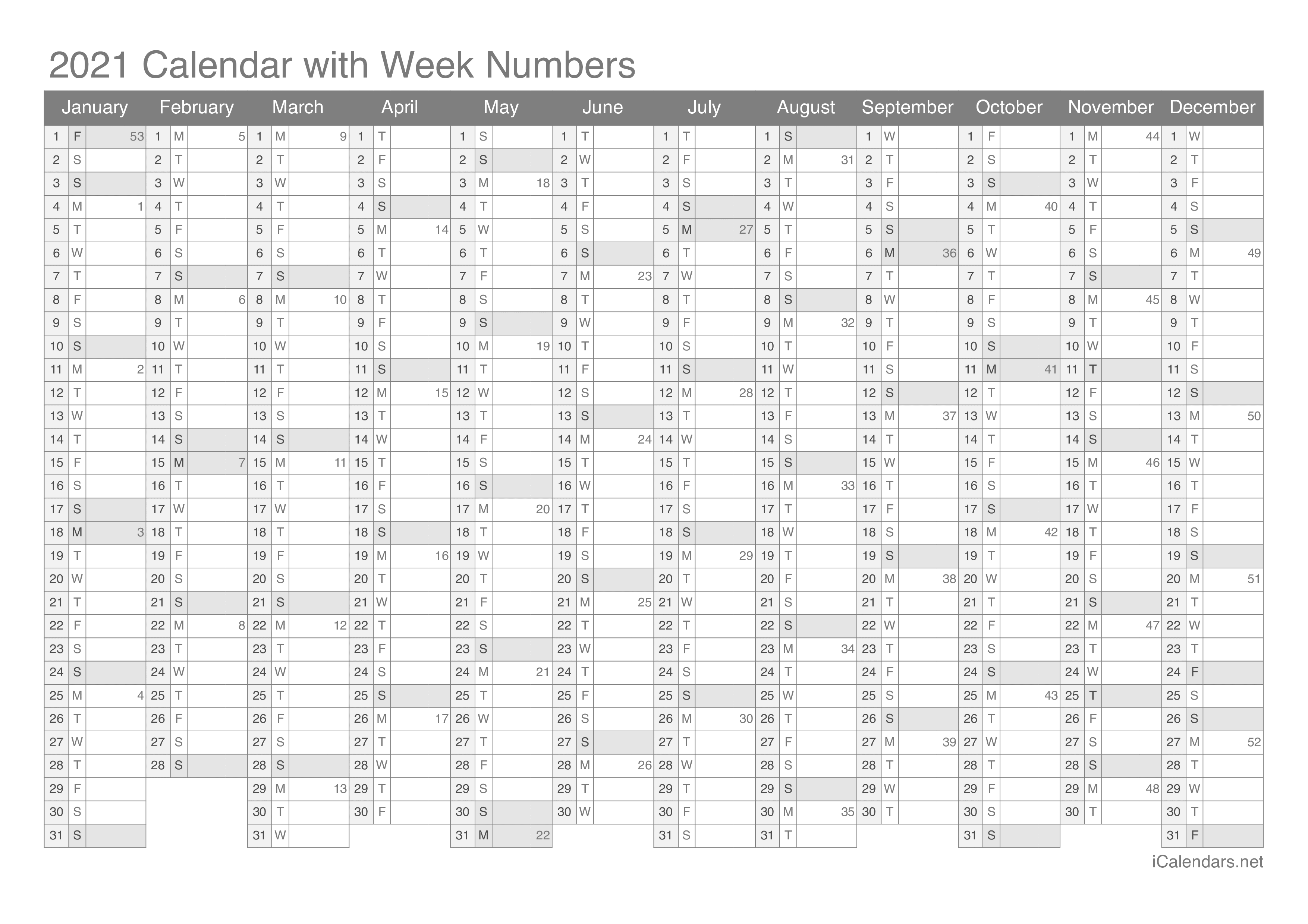 2021 Calendar with week numbers
