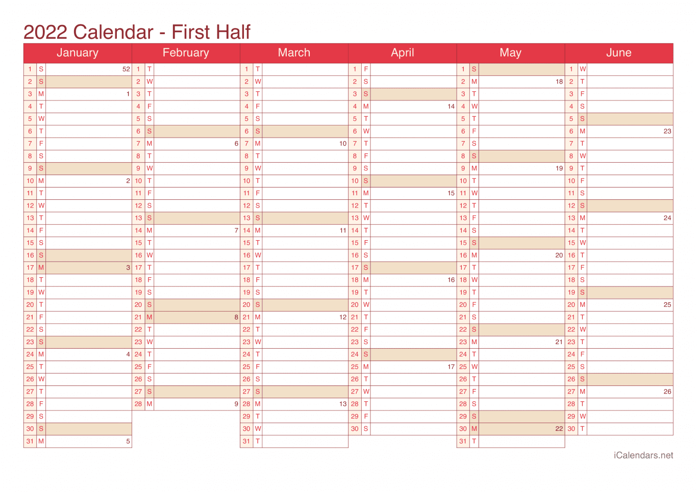 2022 Half year calendar with week numbers - Cherry