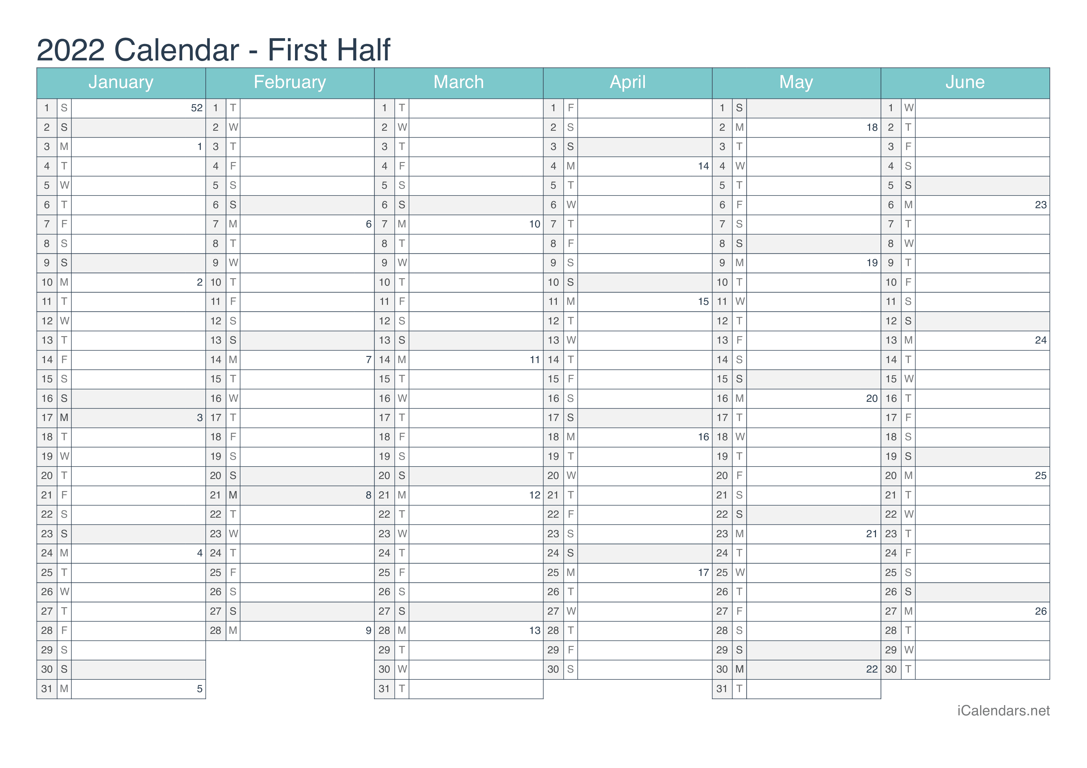 2022 Half year calendar with week numbers - Turquoise