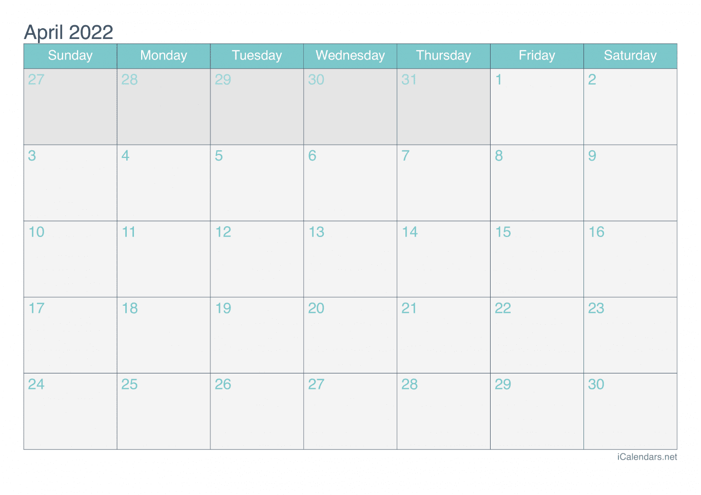 2022 April Calendar - Turquoise