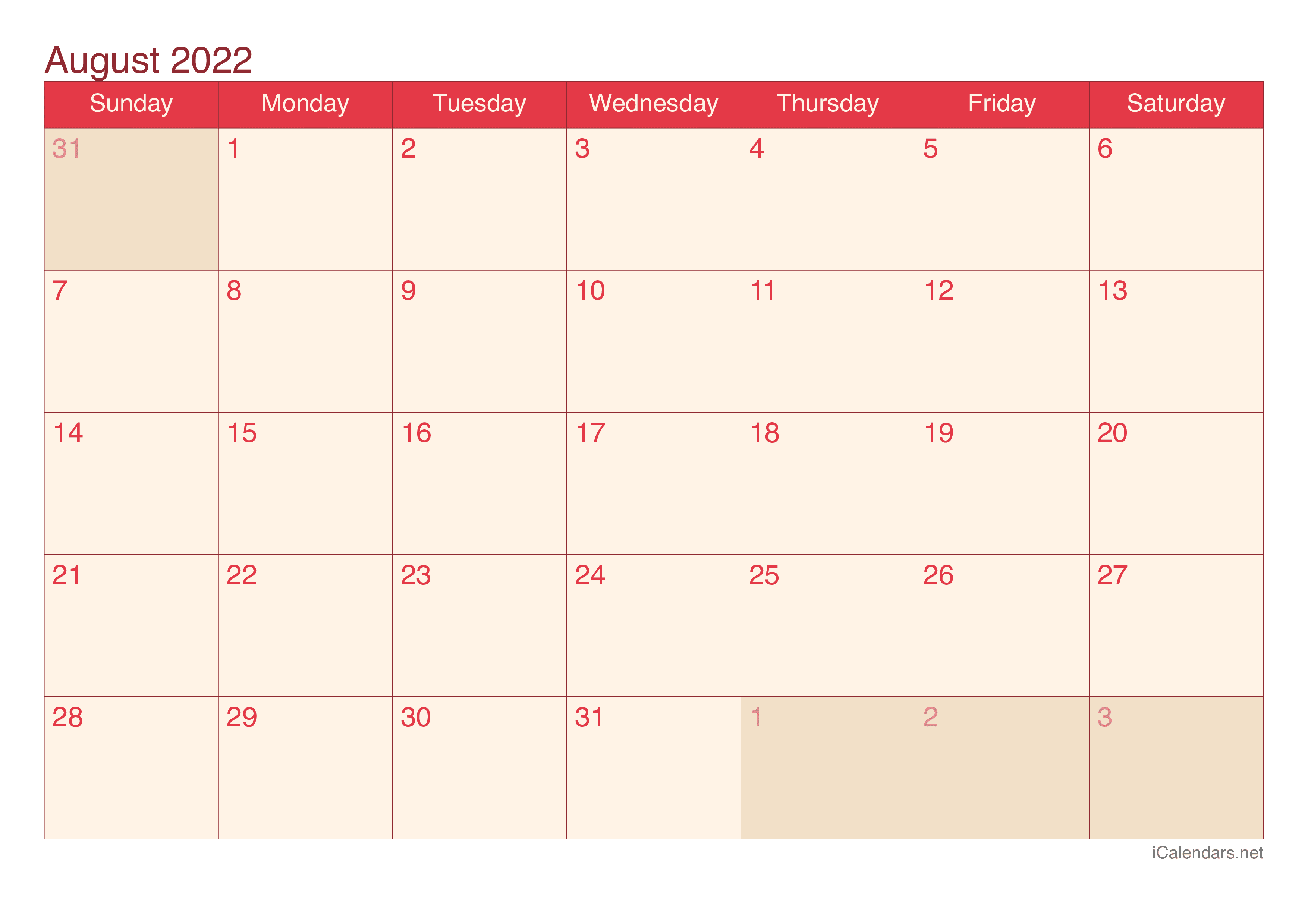 2022 August Calendar - Cherry