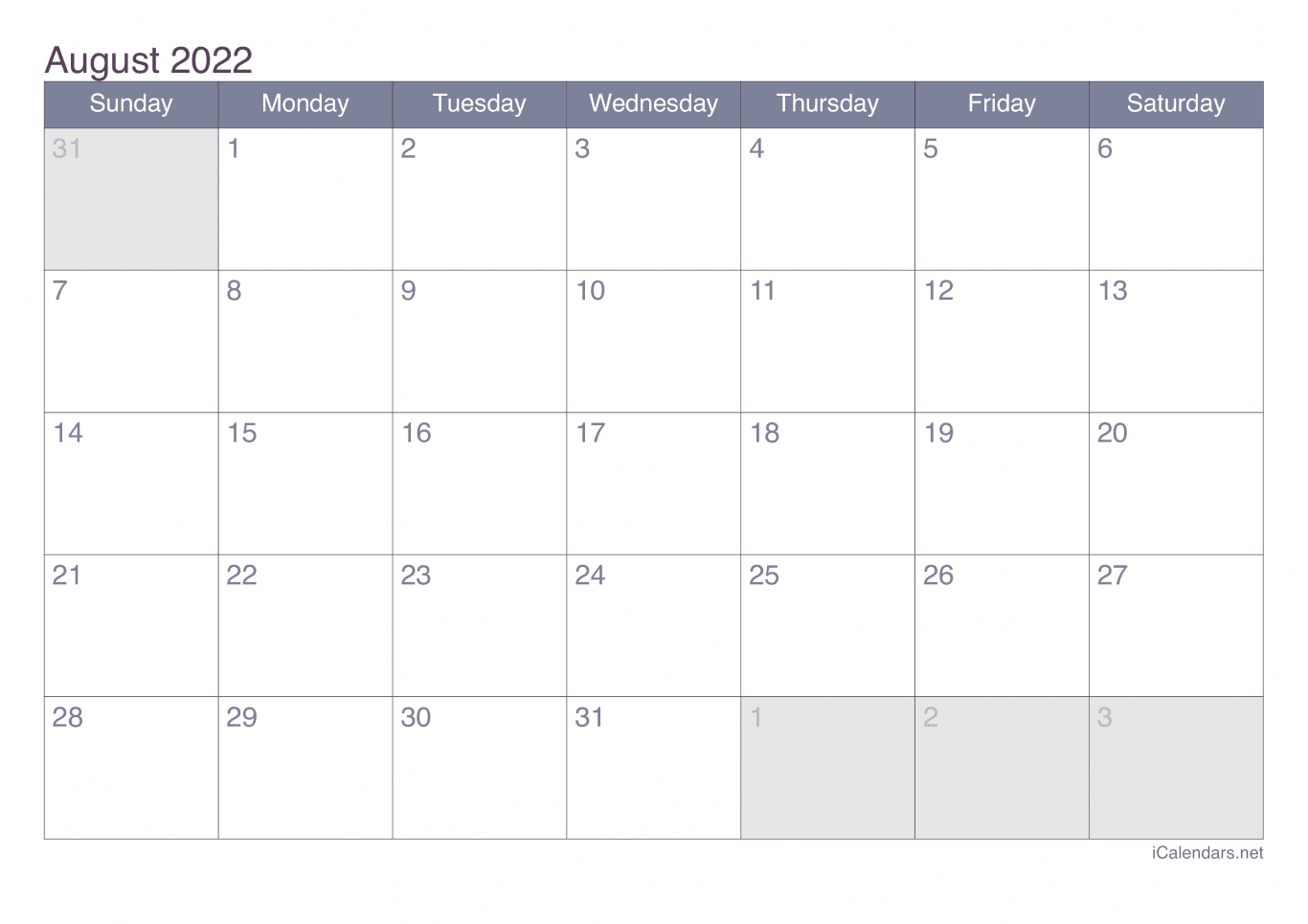 2022 August Calendar - Office