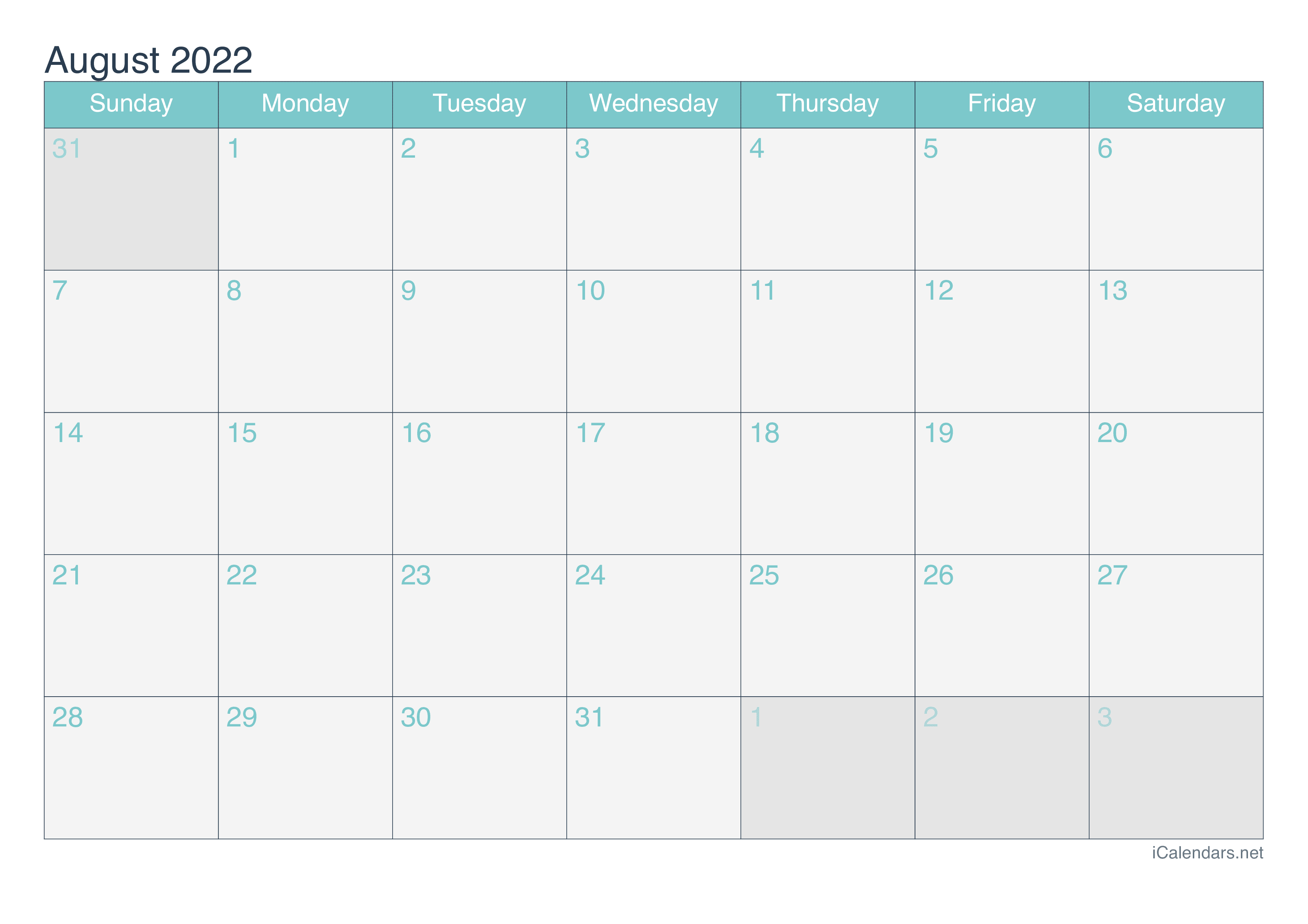2022 August Calendar - Turquoise
