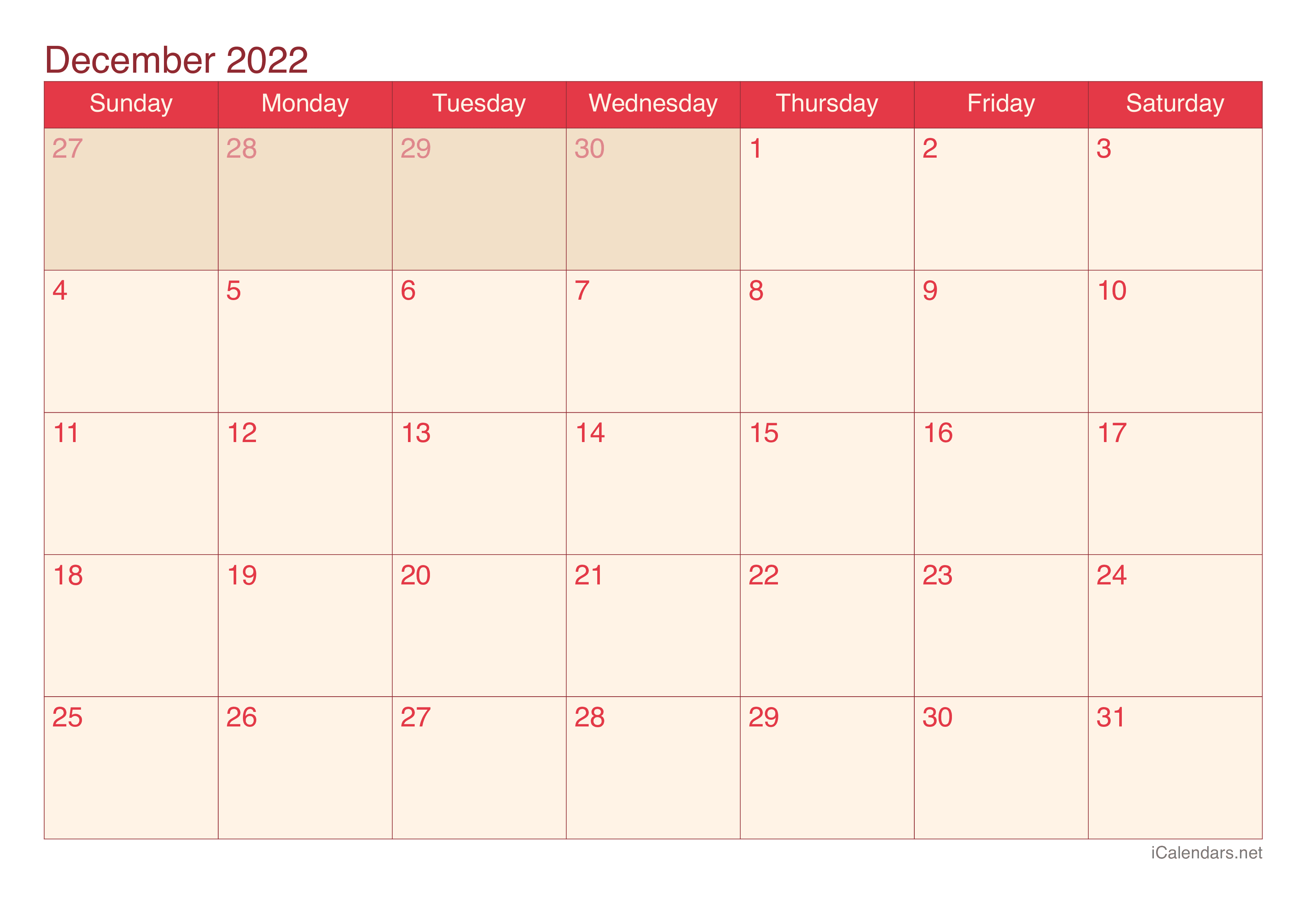 2022 December Calendar - Cherry
