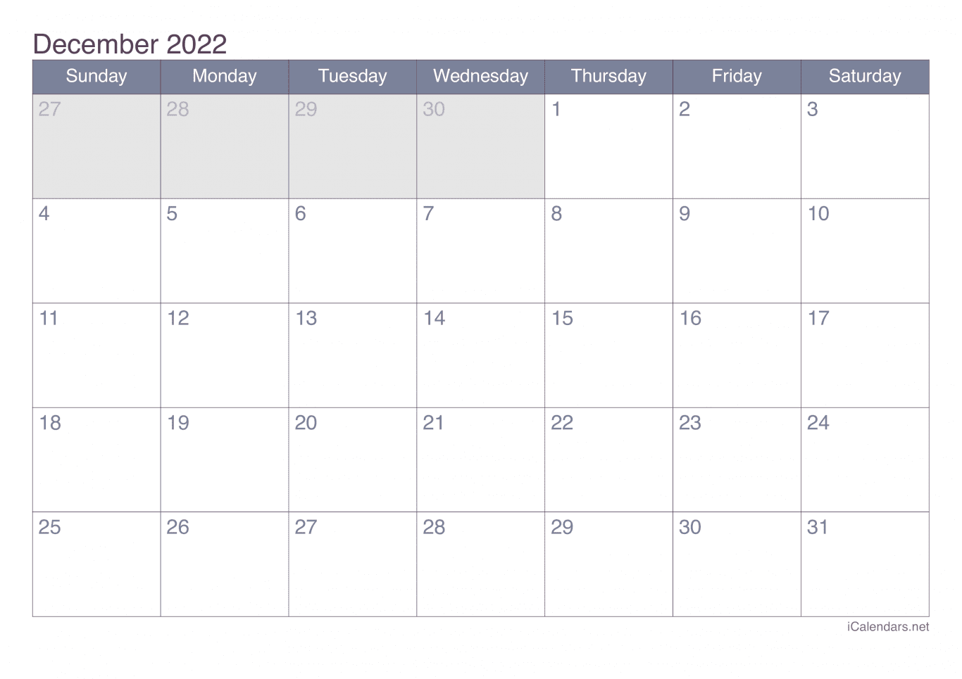 2022 December Calendar - Office