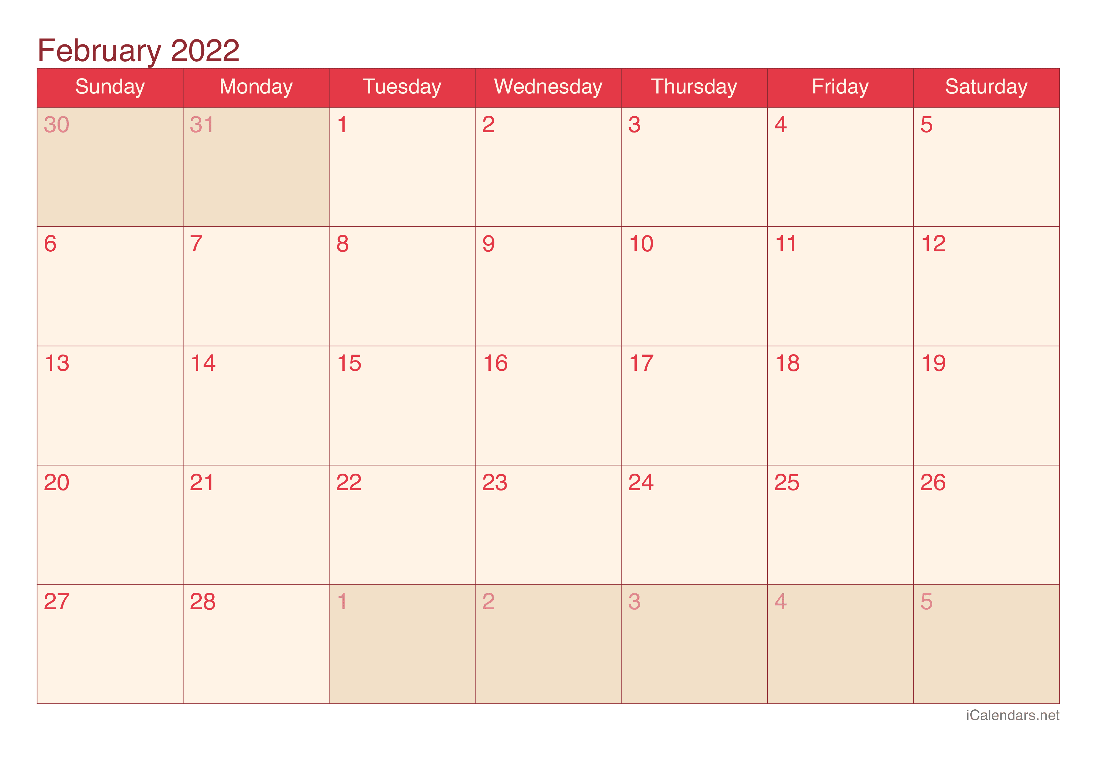 2022 February Calendar - Cherry