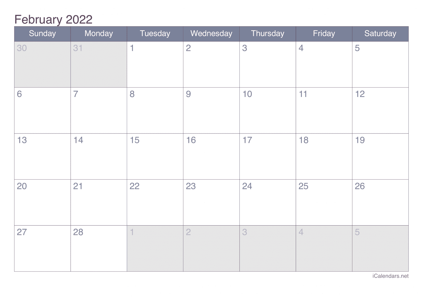 2022 February Calendar - Office