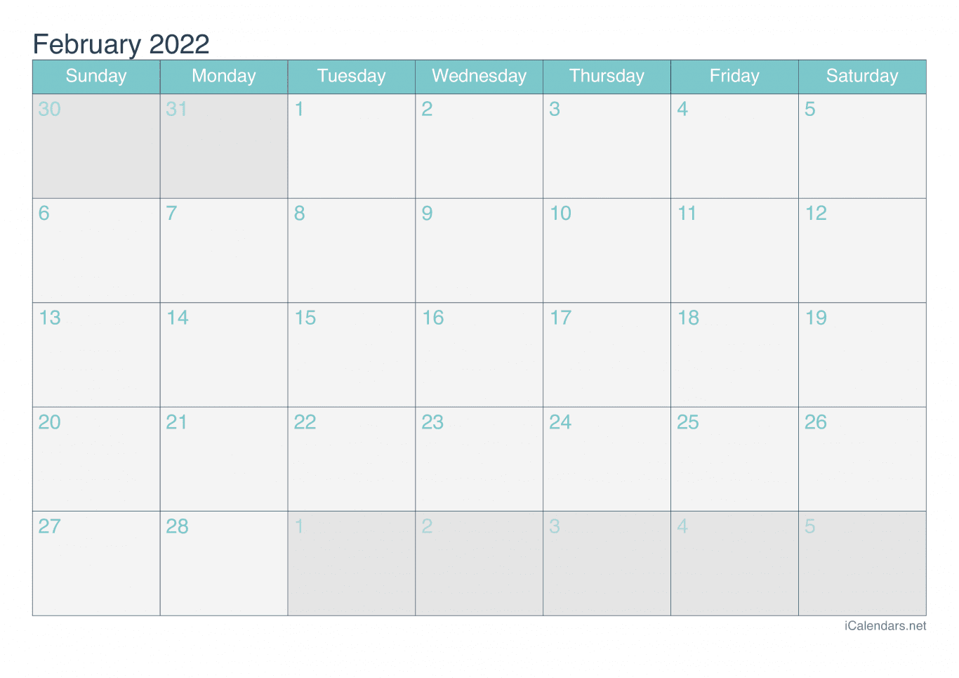 2022 February Calendar - Turquoise