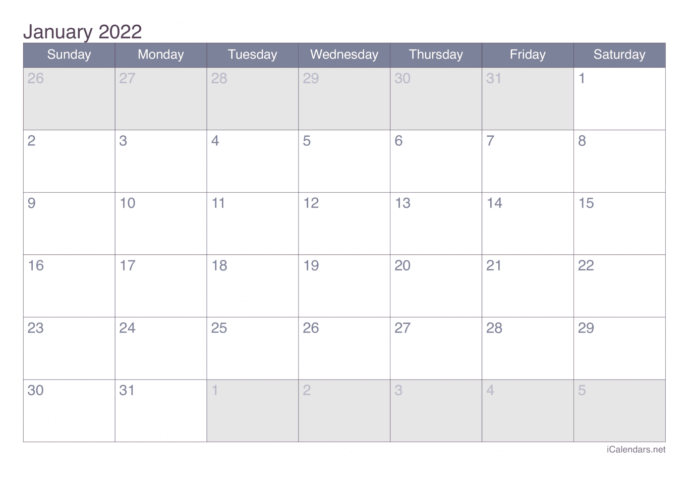 2022 January Calendar - Office