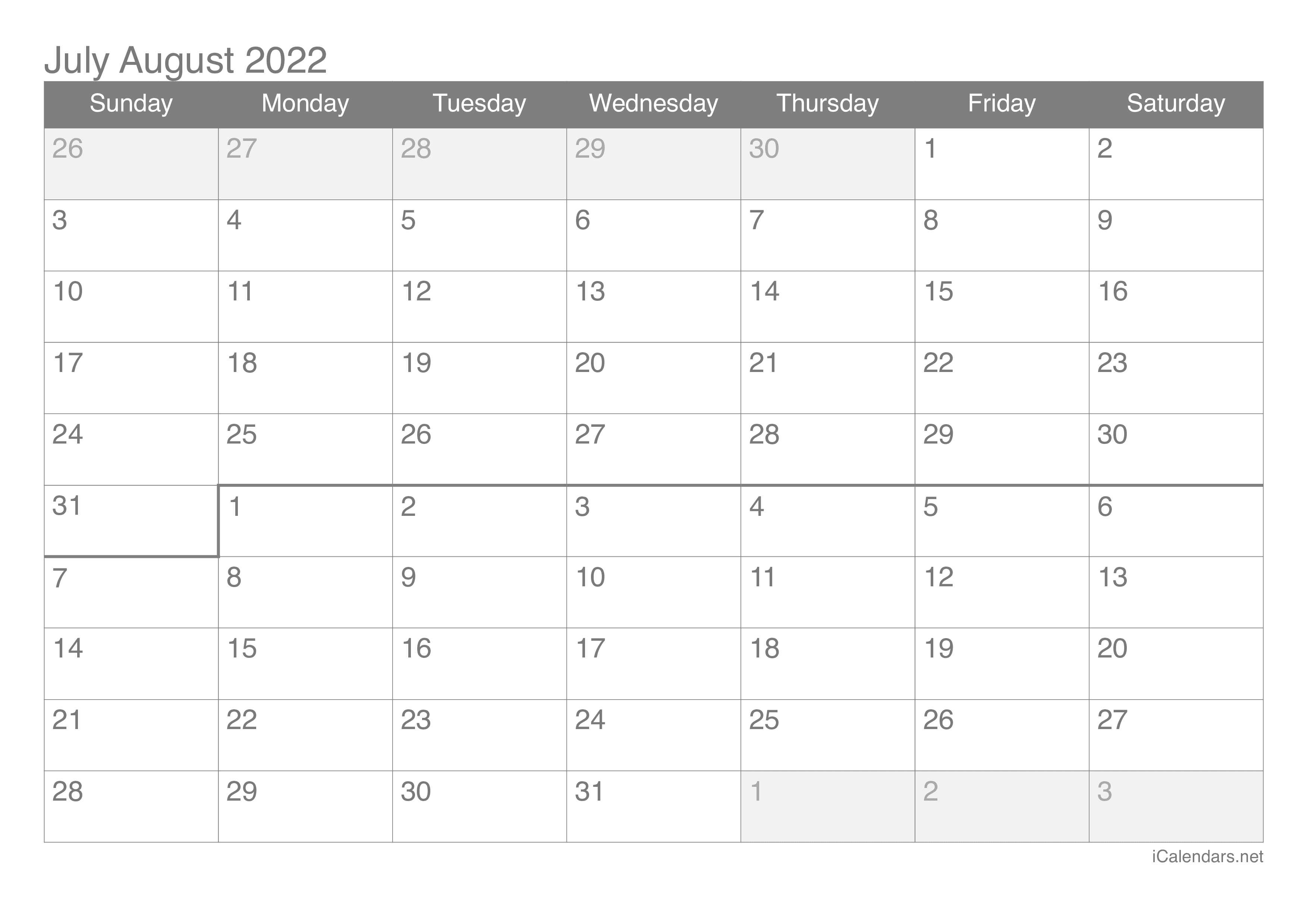 July august calendar