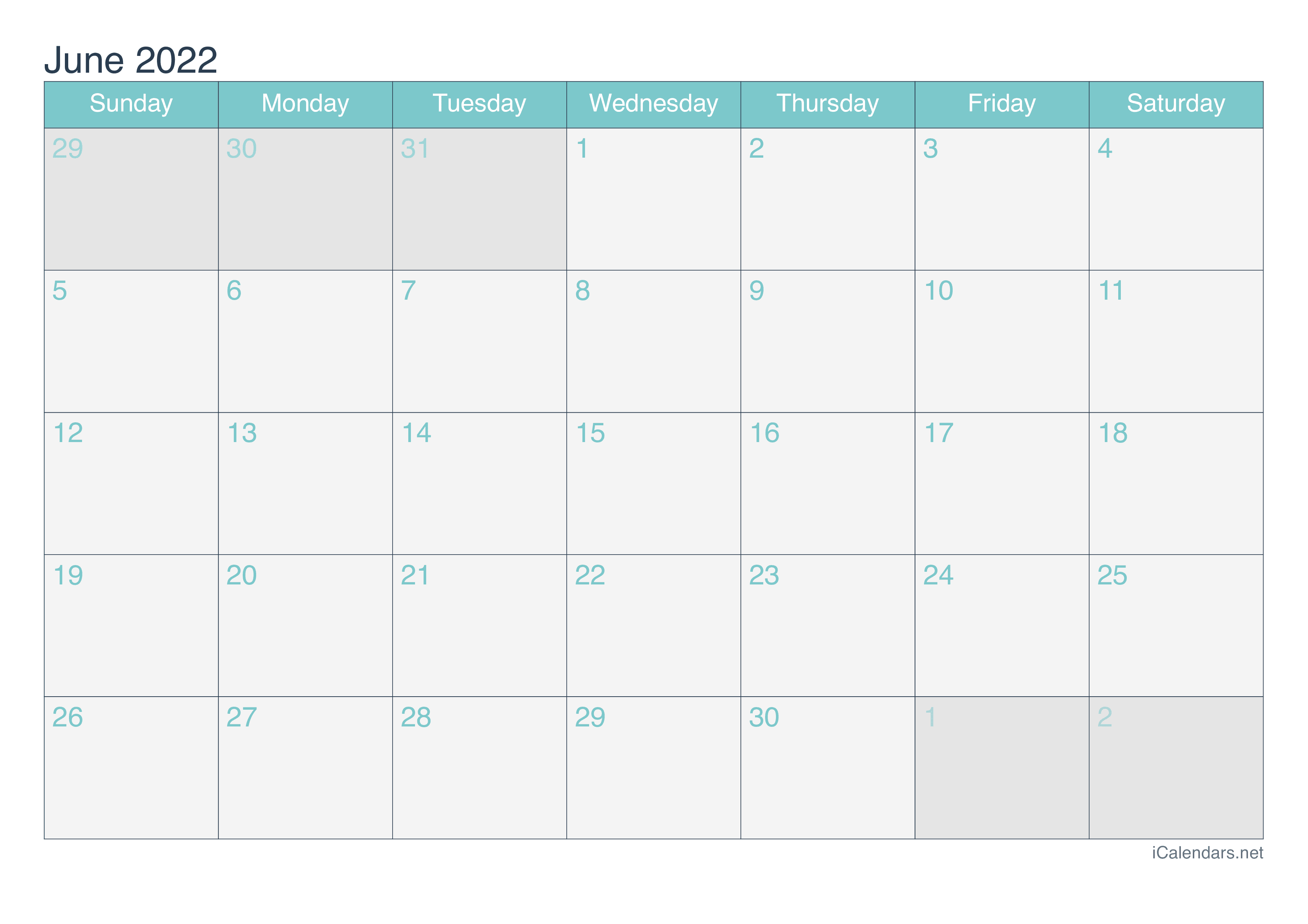 2022 June Calendar - Turquoise