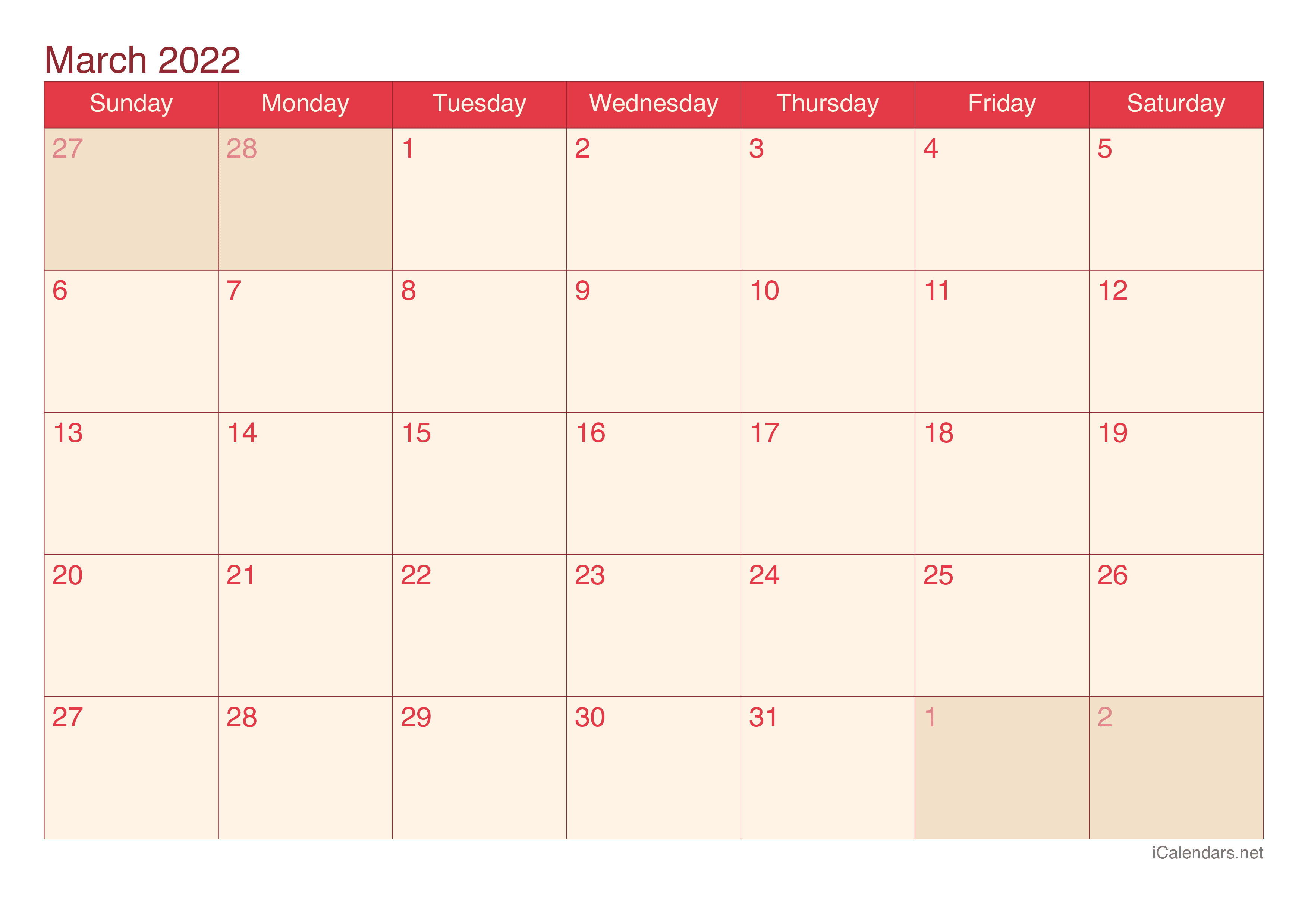 2022 March Calendar - Cherry