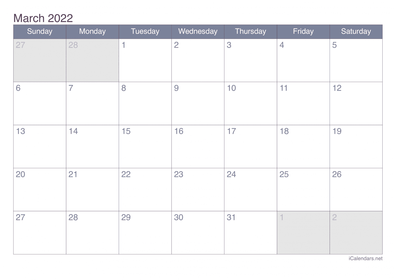 2022 March Calendar - Office